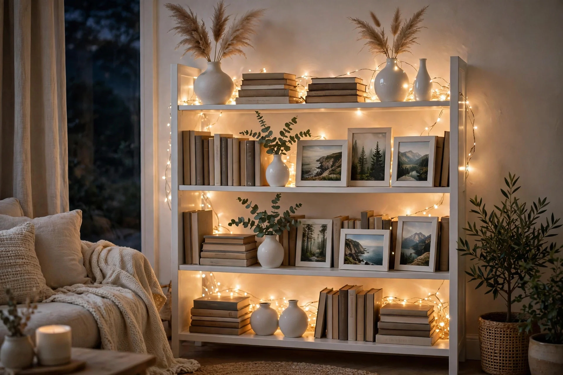 White bookshelf styled with books, white decor and warm string lights woven through