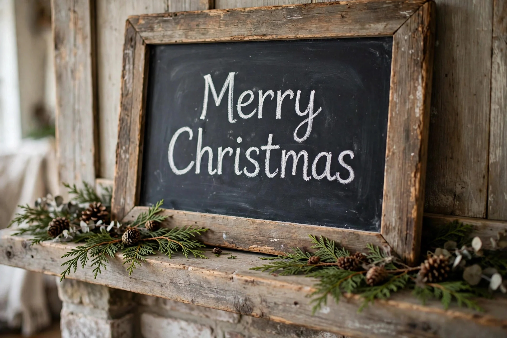 Rustic framed chalkboard with hand-lettered Merry Christmas message and greenery