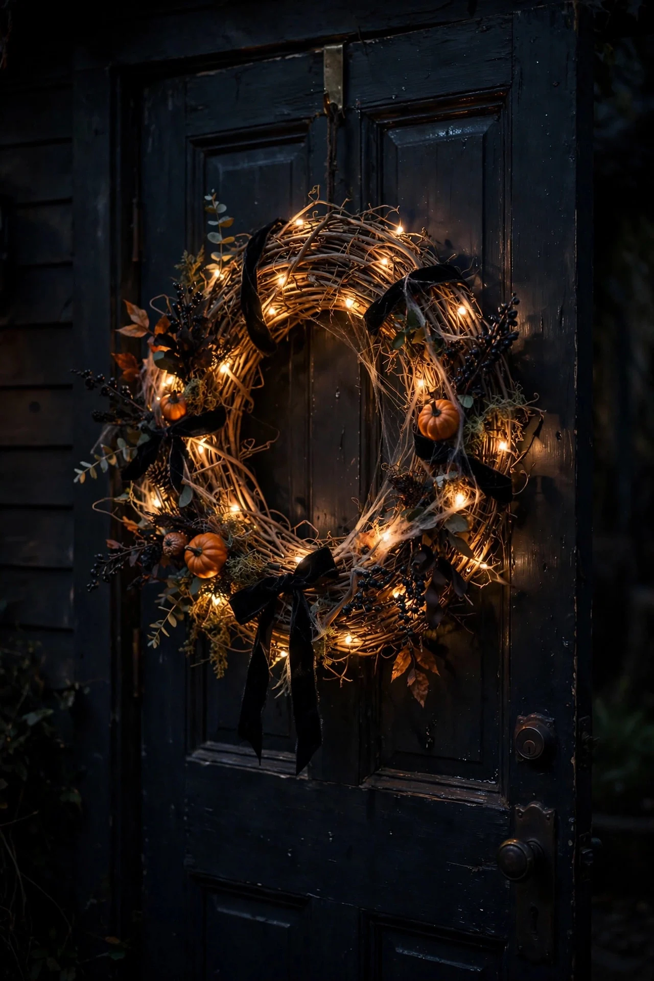 Grapevine Halloween wreath woven with warm fairy lights glowing at night