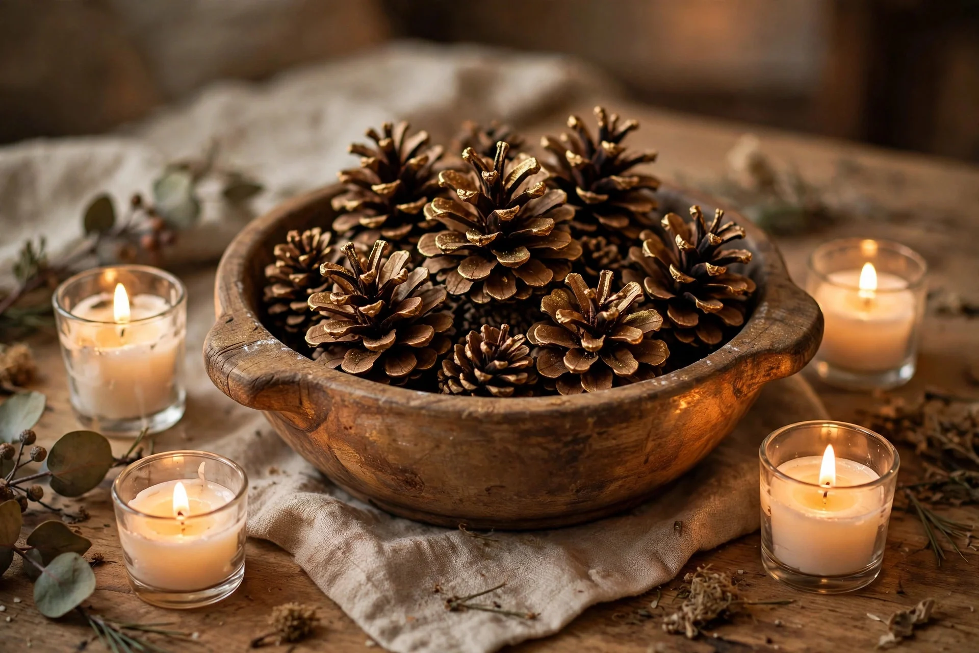 Pinecones dusted with gold paint arranged in a wooden dough bowl for Thanksgiving