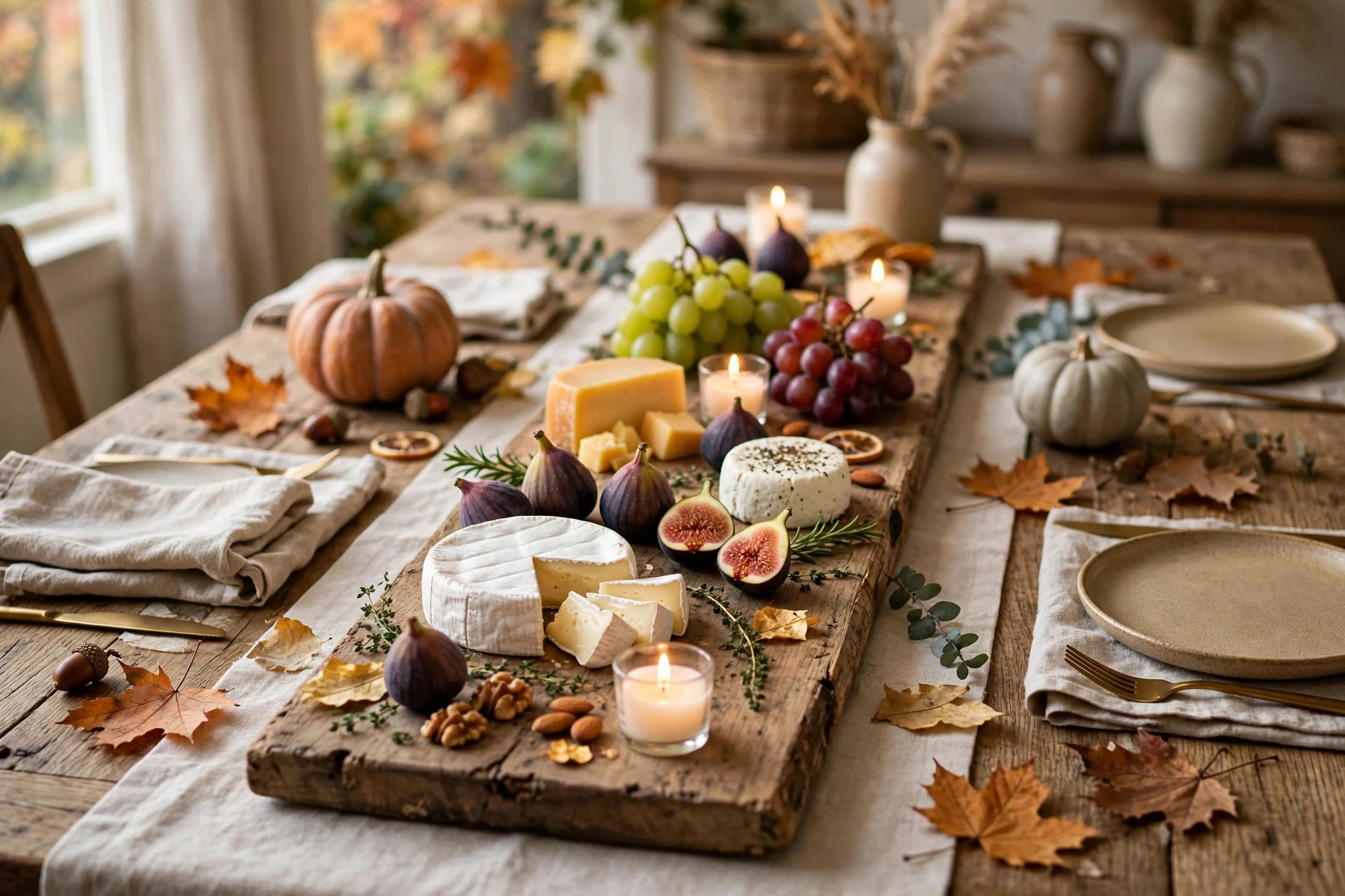 Fall table with a long wooden bread board down the center holding cheeses, figs, and candles