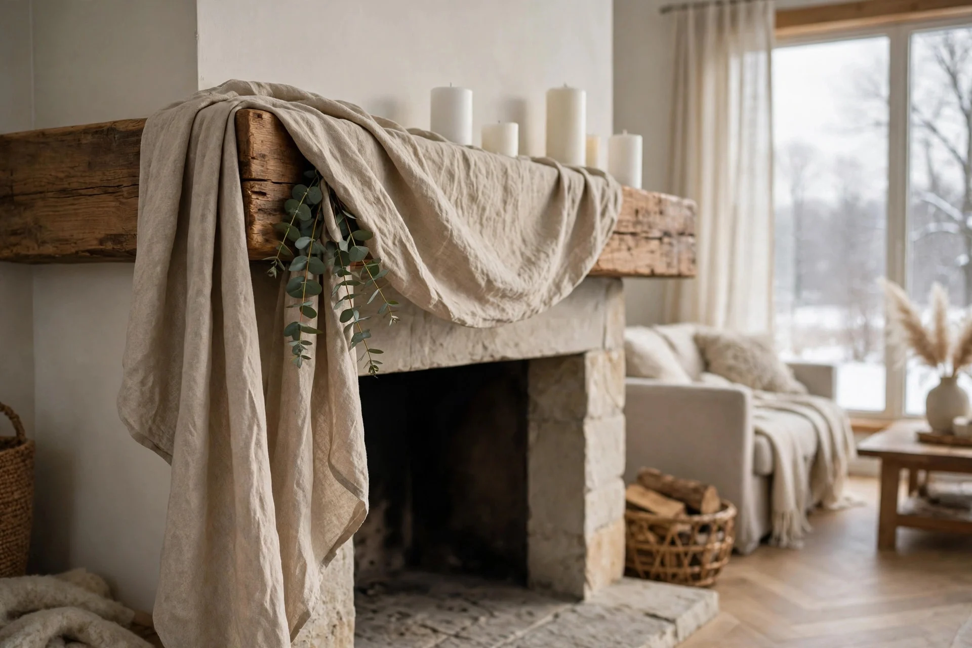 Natural linen runner draped over a mantel edge with eucalyptus sprigs