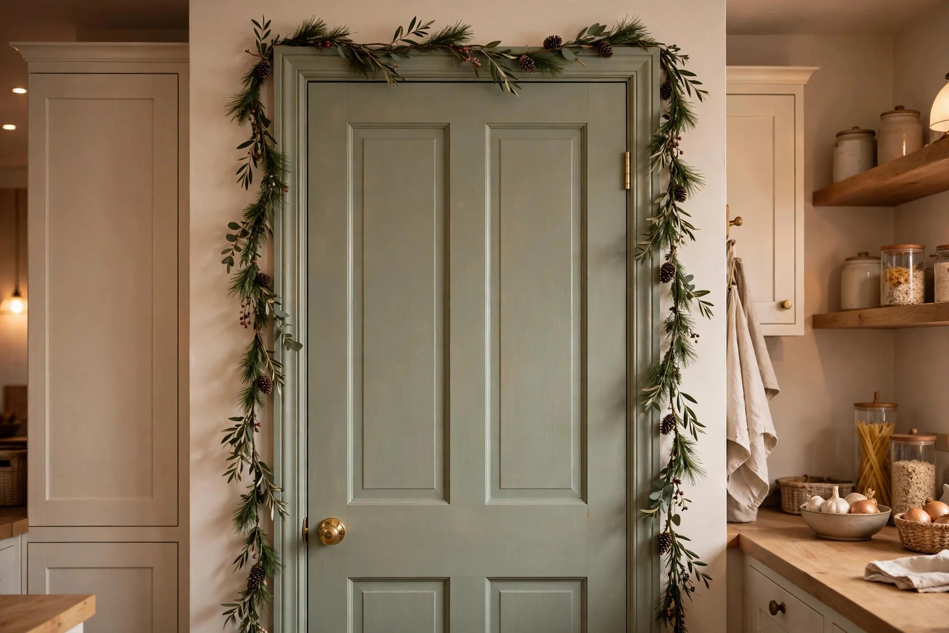 Pantry door with slim Christmas garland wrapped around its frame
