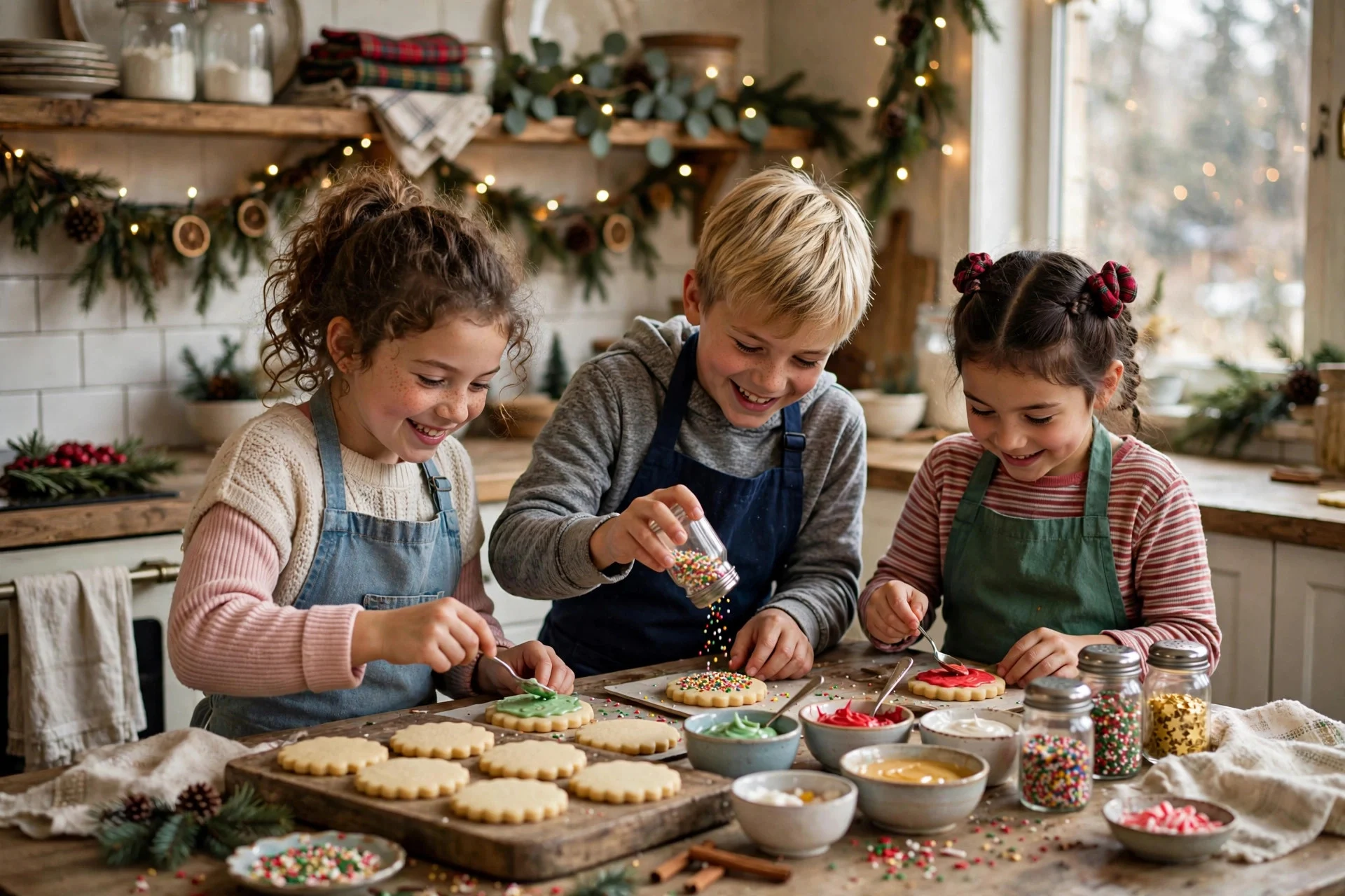 Christmas cookie decorating station with kids icing sugar cookies at a table