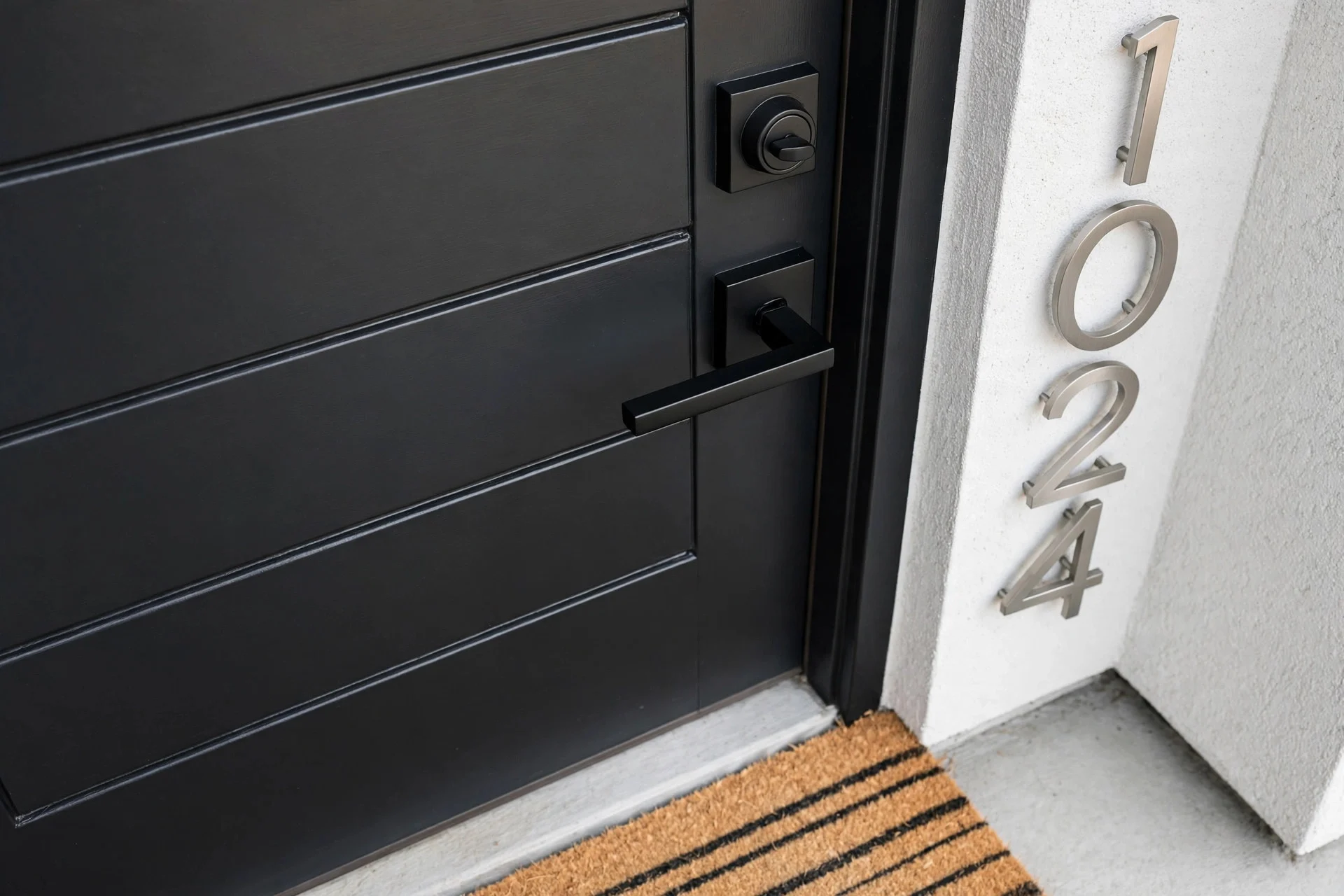 Close-up of a front door with new matte black handle, modern house numbers and a fresh doormat