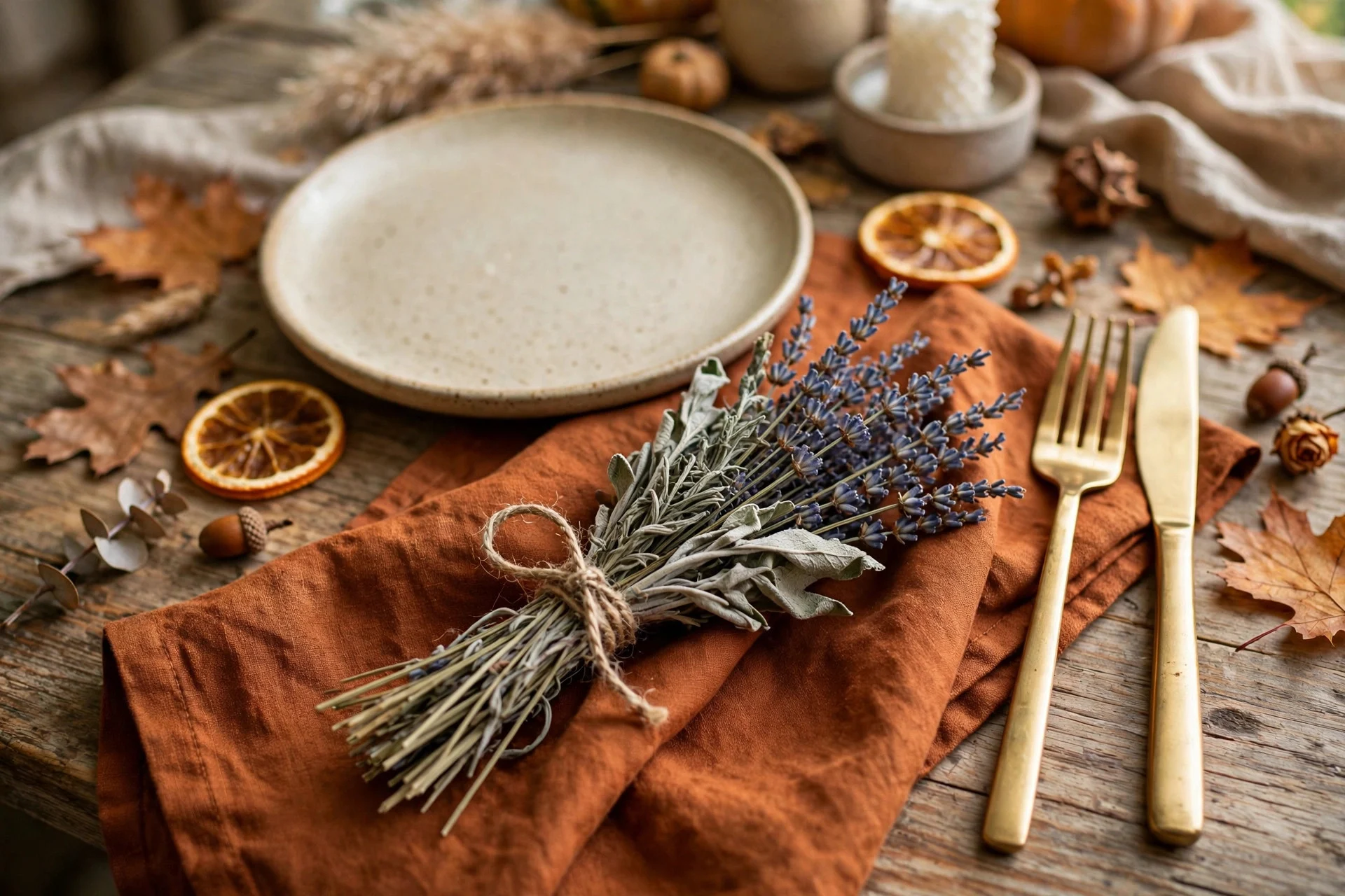 Fall table with small bundles of dried lavender and sage tied with twine at each place setting