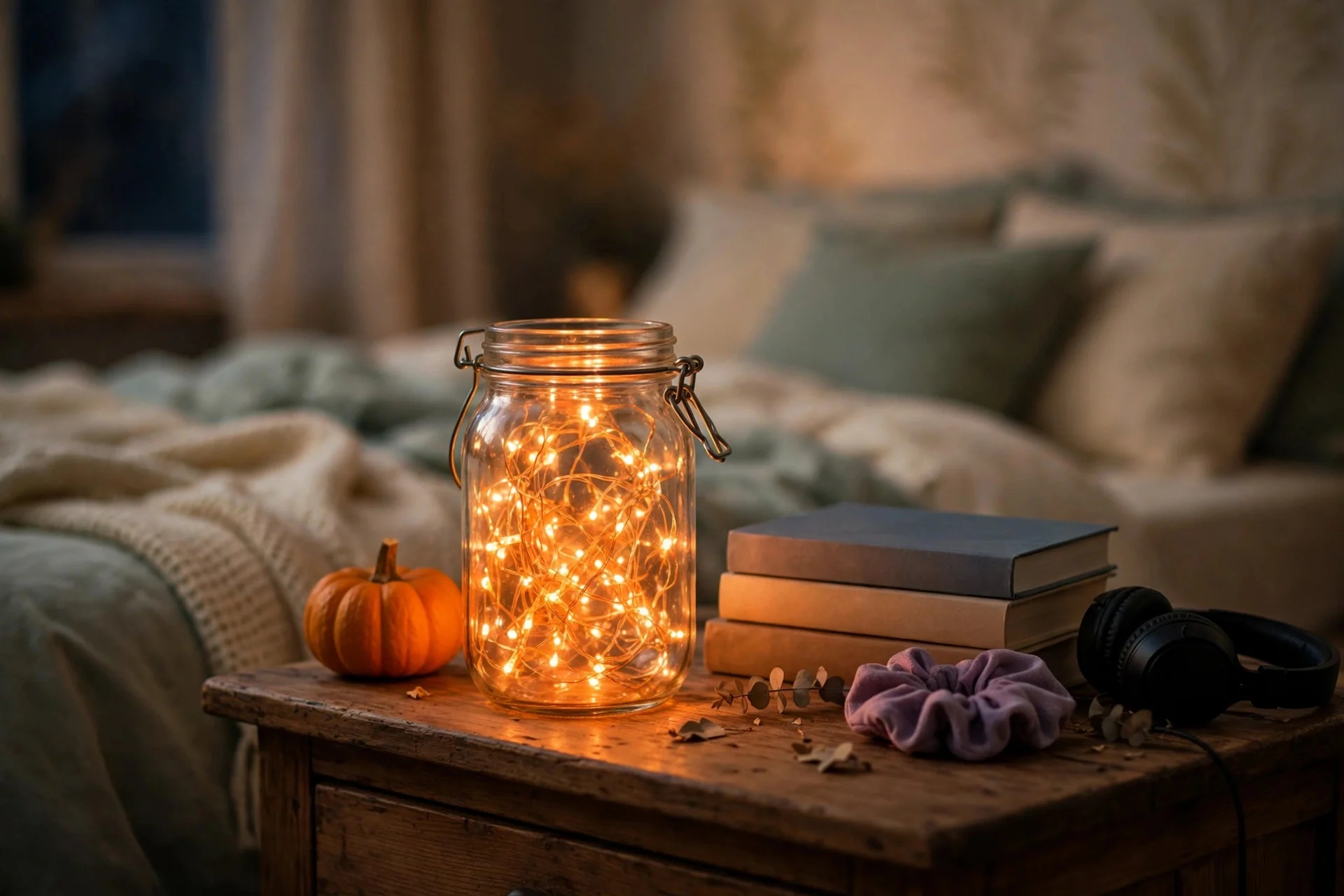 Mason jar lantern glowing with orange fairy lights on a teen nightstand