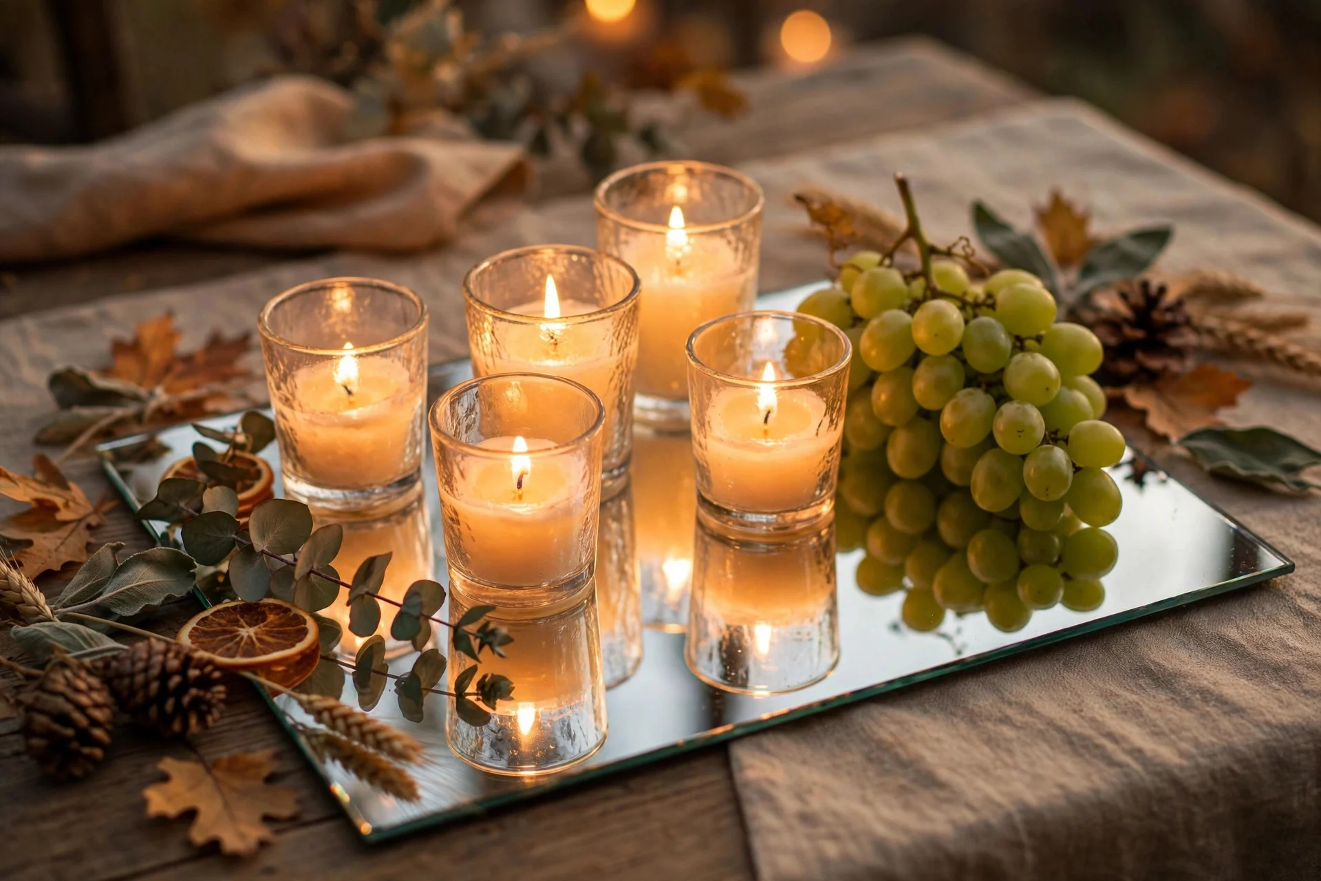 Mirrored tray with glass votives and champagne grapes as a reflective Thanksgiving centerpiece