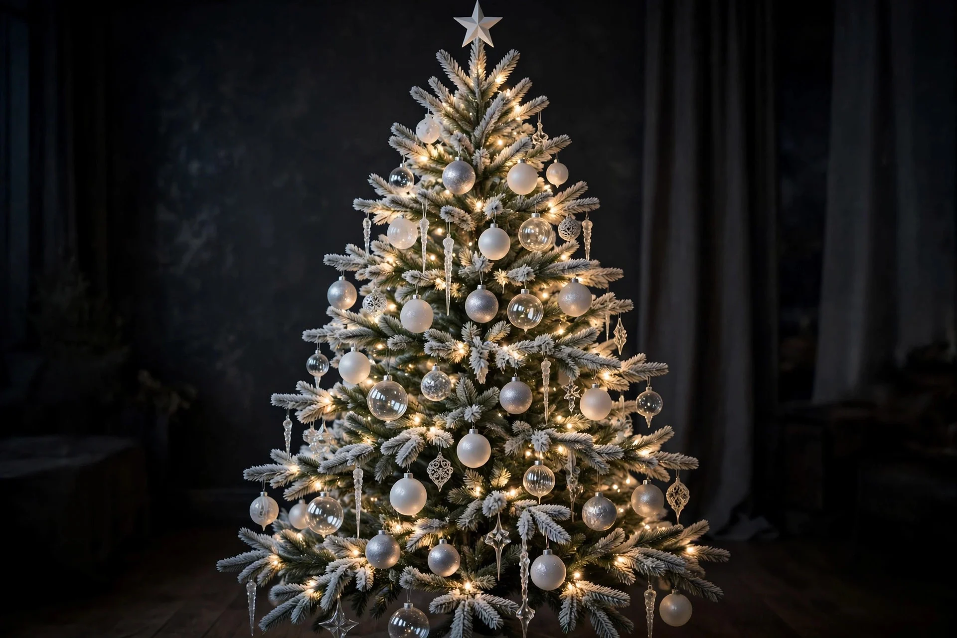 Christmas tree decorated entirely in frosted white and silver ornaments glowing at night