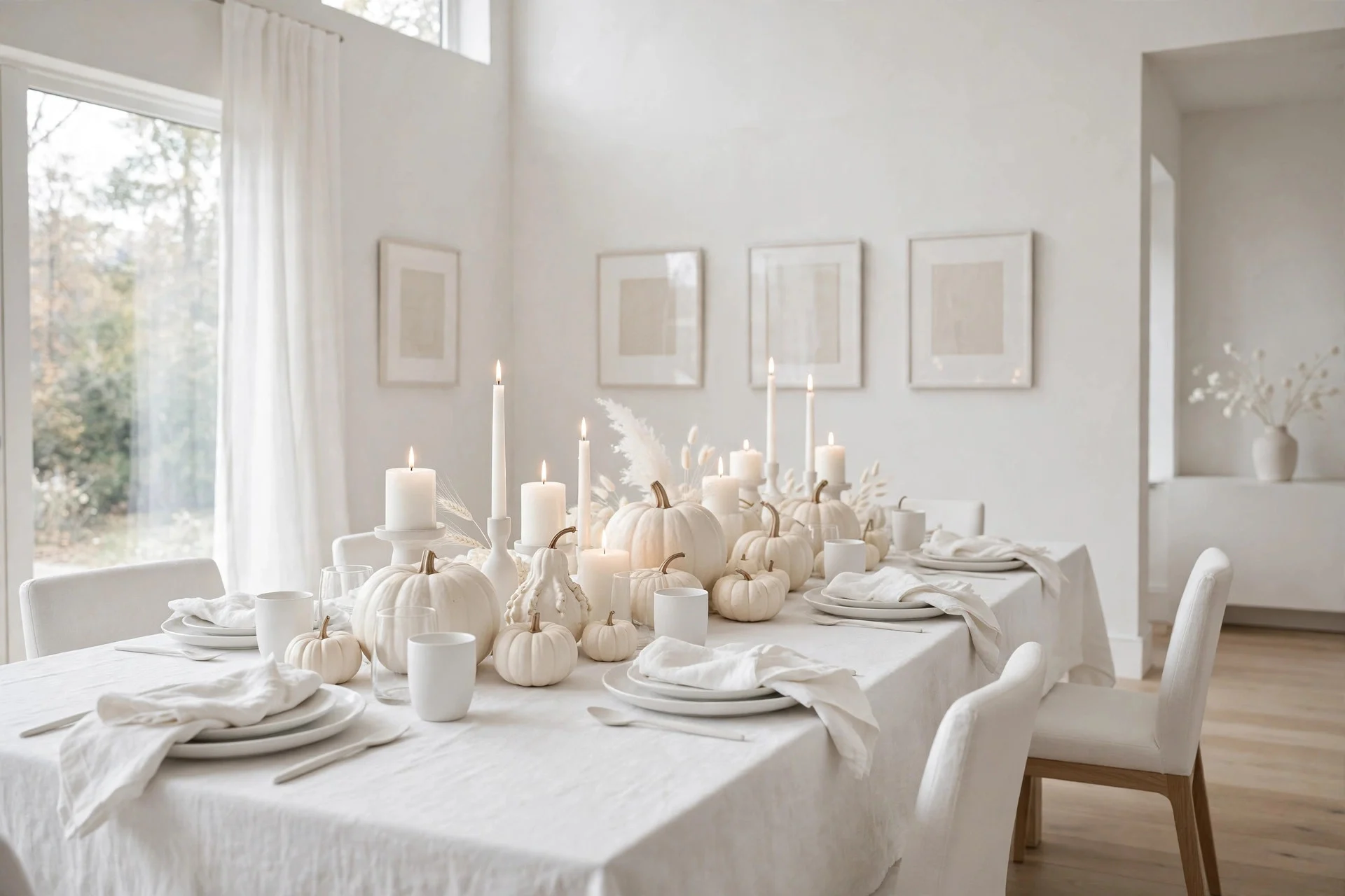 Minimalist all-white Thanksgiving table with white pumpkins and candles