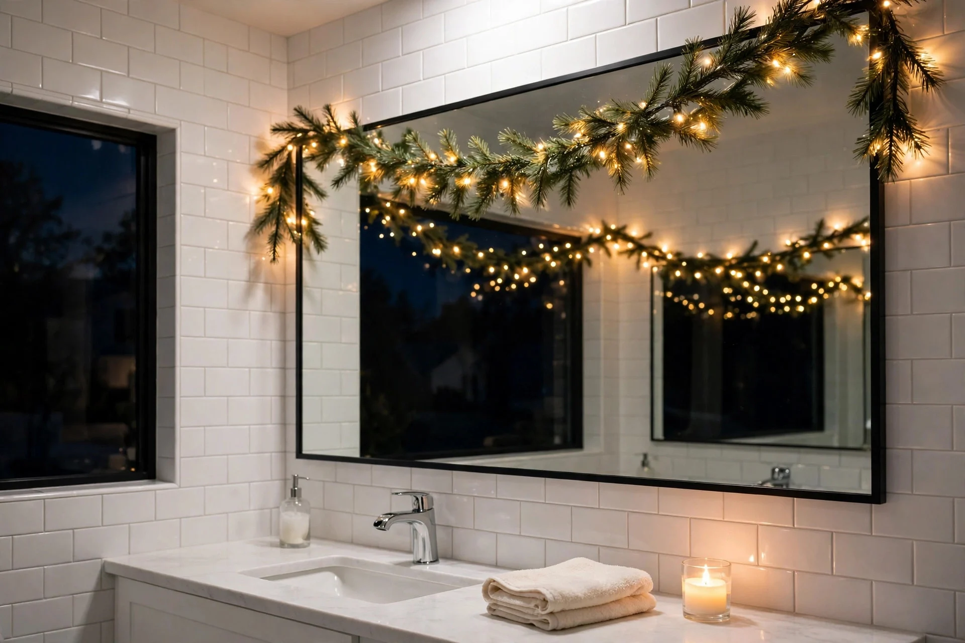White bathroom with a glowing pine garland draped over the mirror