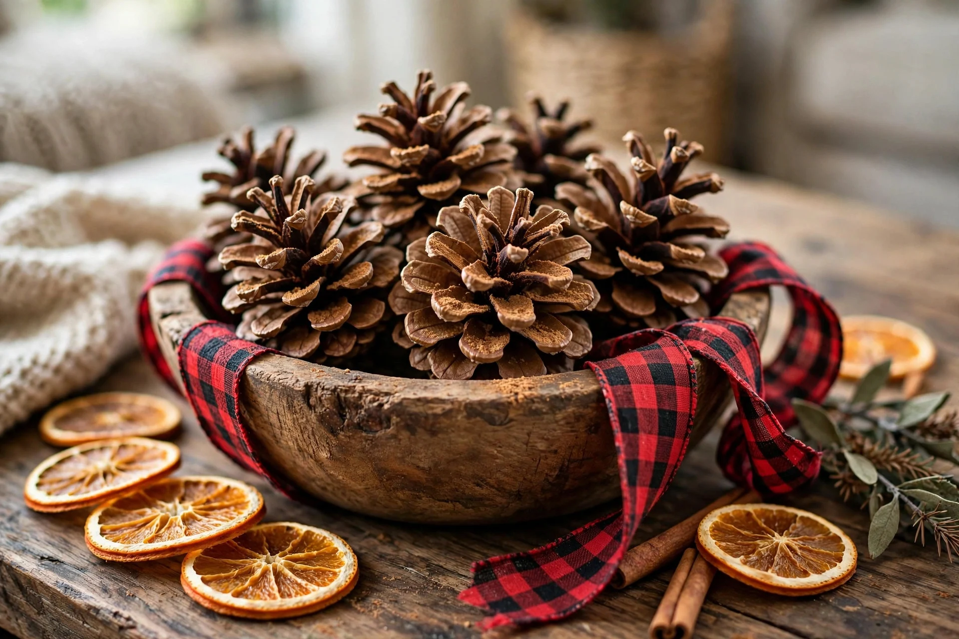 DIY cinnamon-dusted pinecones in a wooden bowl with plaid ribbon and dried orange slices