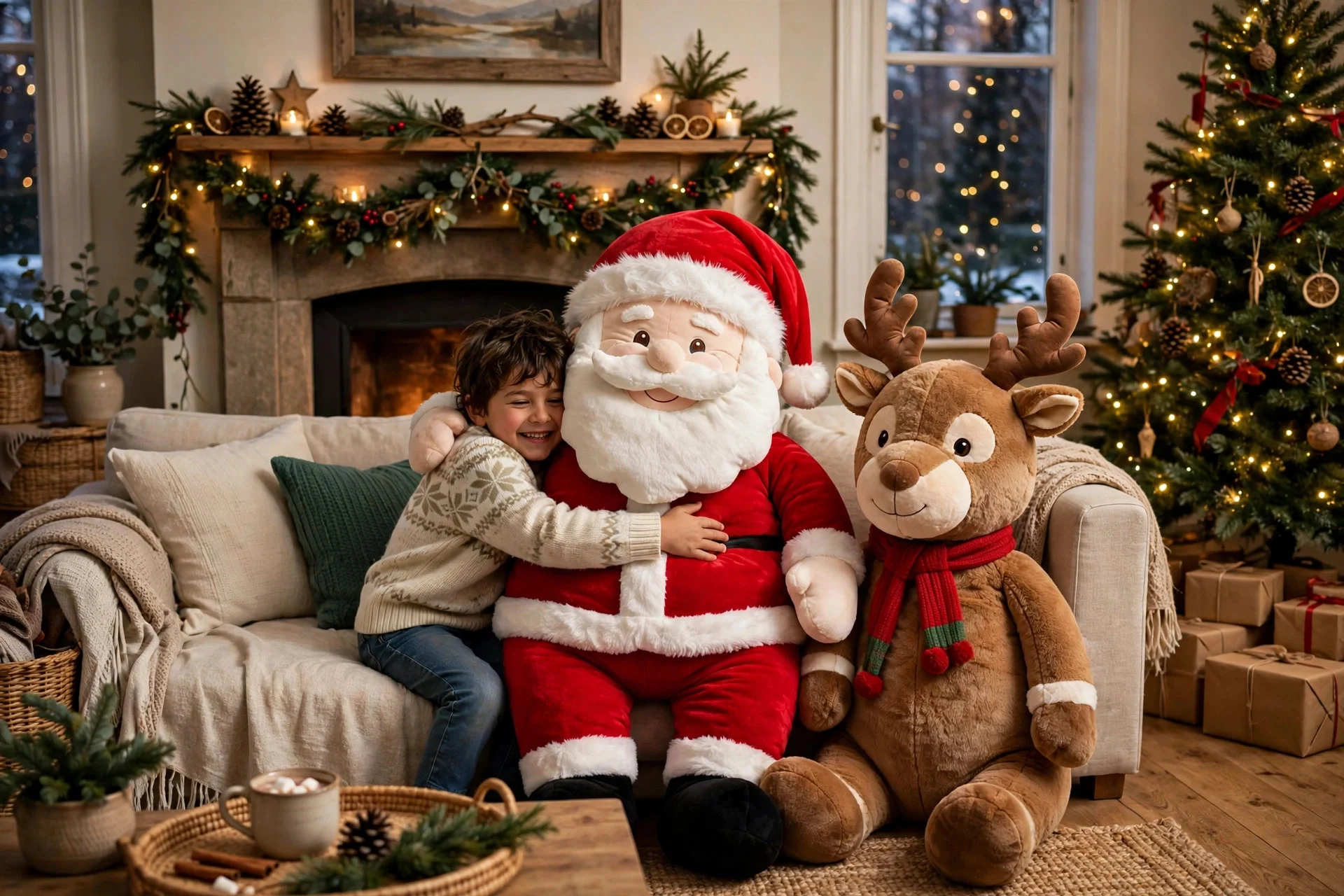 Oversized plush Christmas characters like Santa and reindeer in a family living room