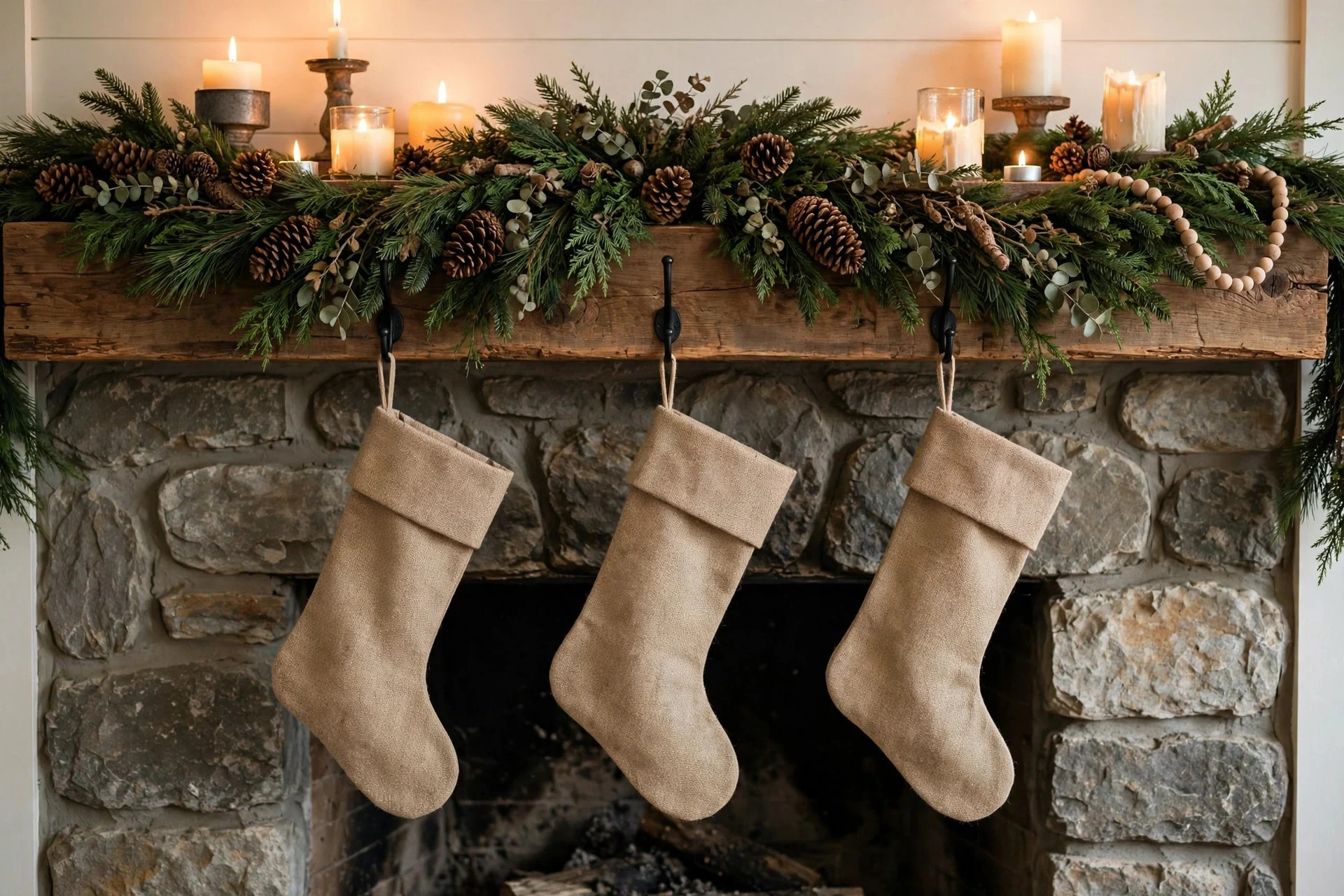 Farmhouse mantel decorated with pinecone and evergreen garland, stockings and candles