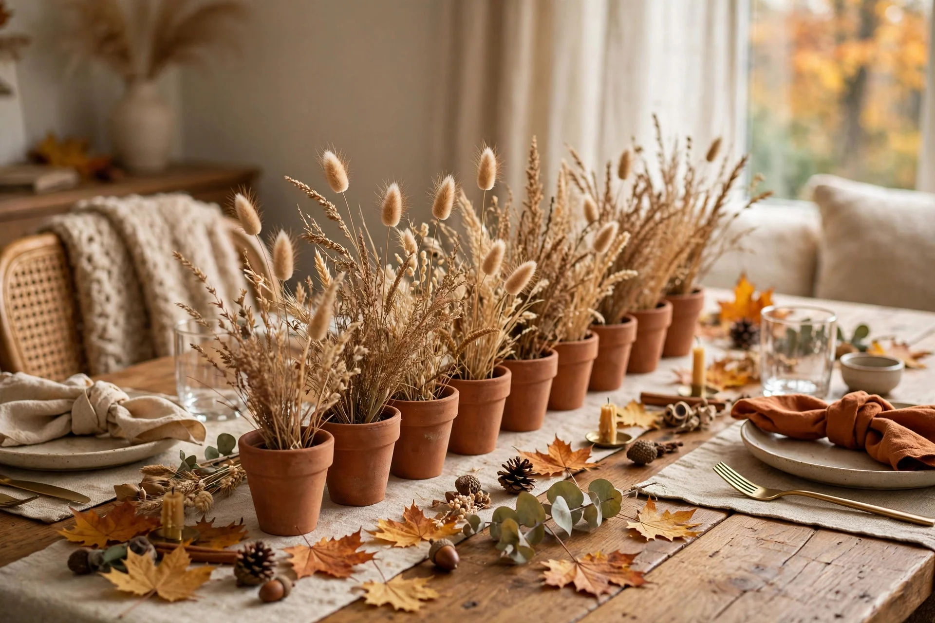 Fall dining table with small terracotta pots filled with dried ornamental grasses as centerpieces
