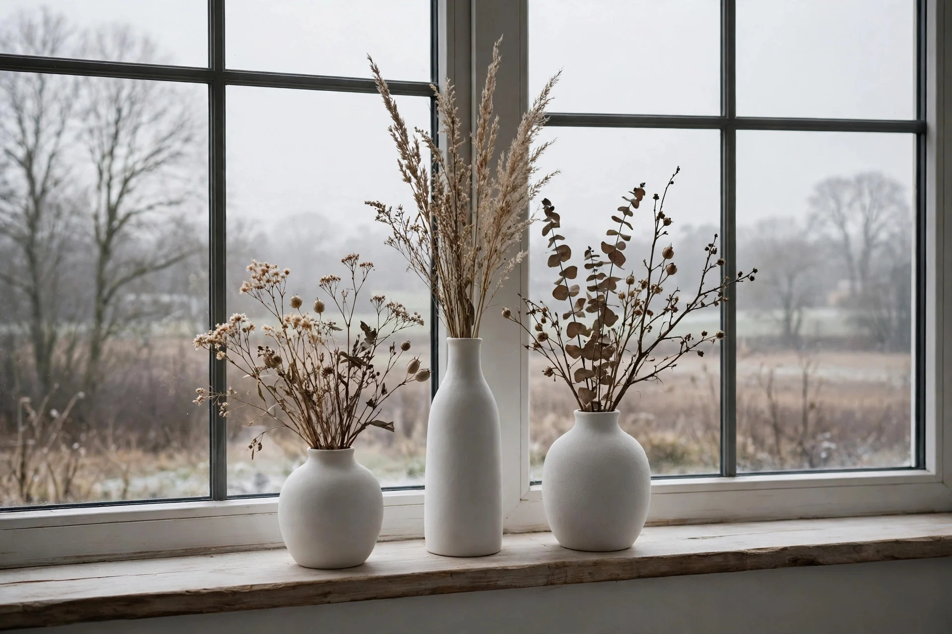Window sill styled for winter with white ceramic vases and dried stems against grey daylight