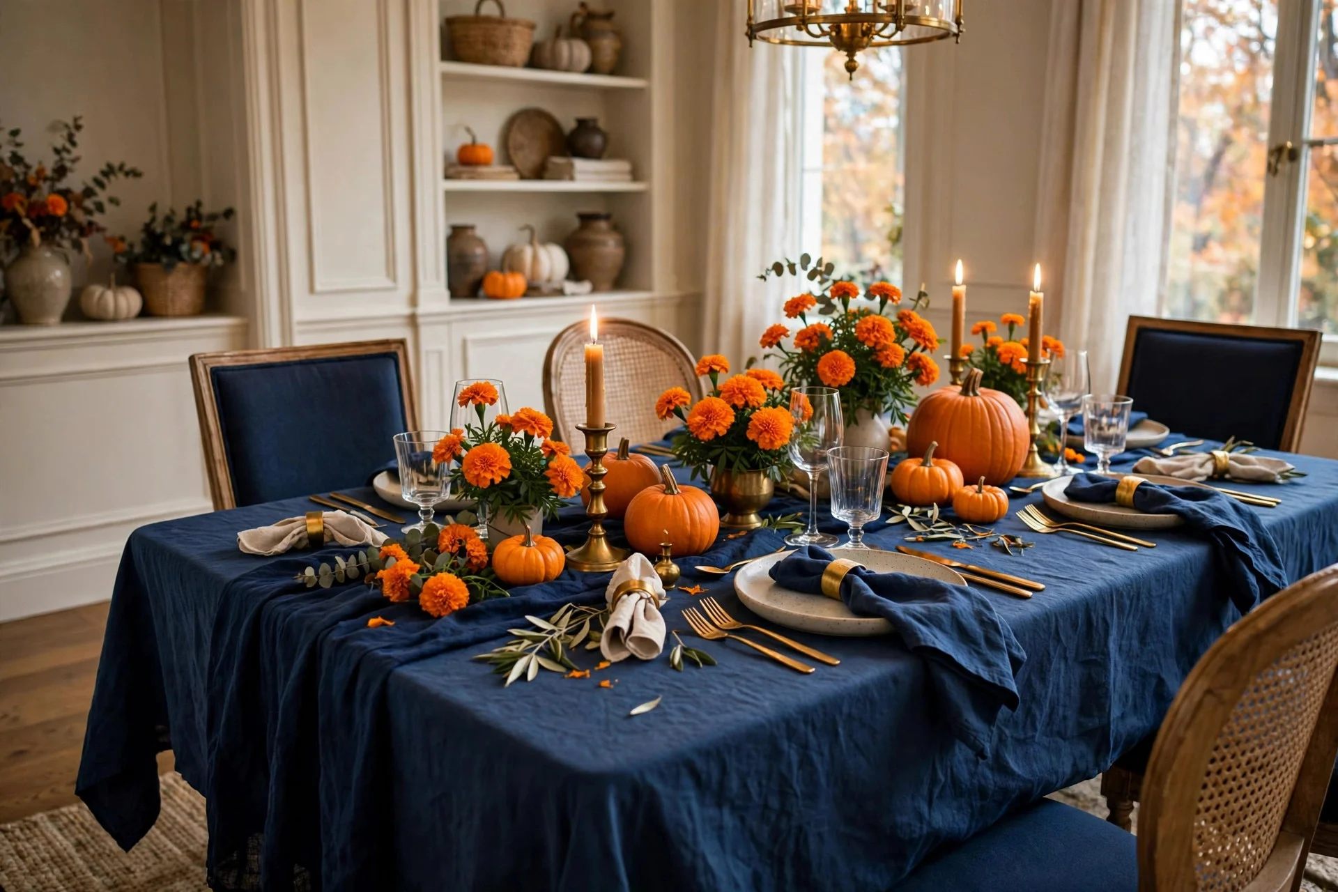 Thanksgiving table with navy blue linens and orange marigolds