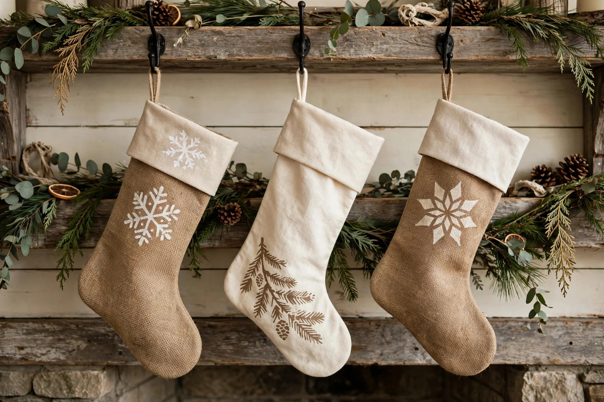 Burlap and linen Christmas stockings hanging from a farmhouse mantel
