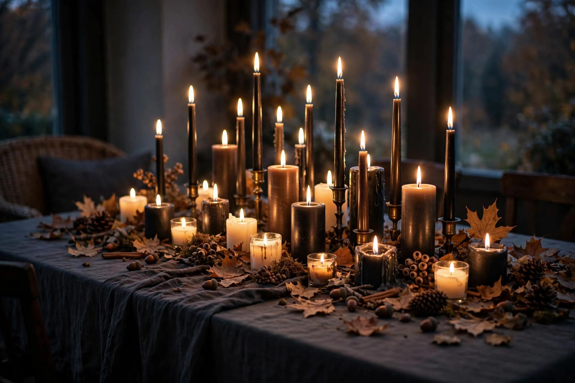 Dramatic fall table with only candles of many heights and no flowers, glowing at dusk