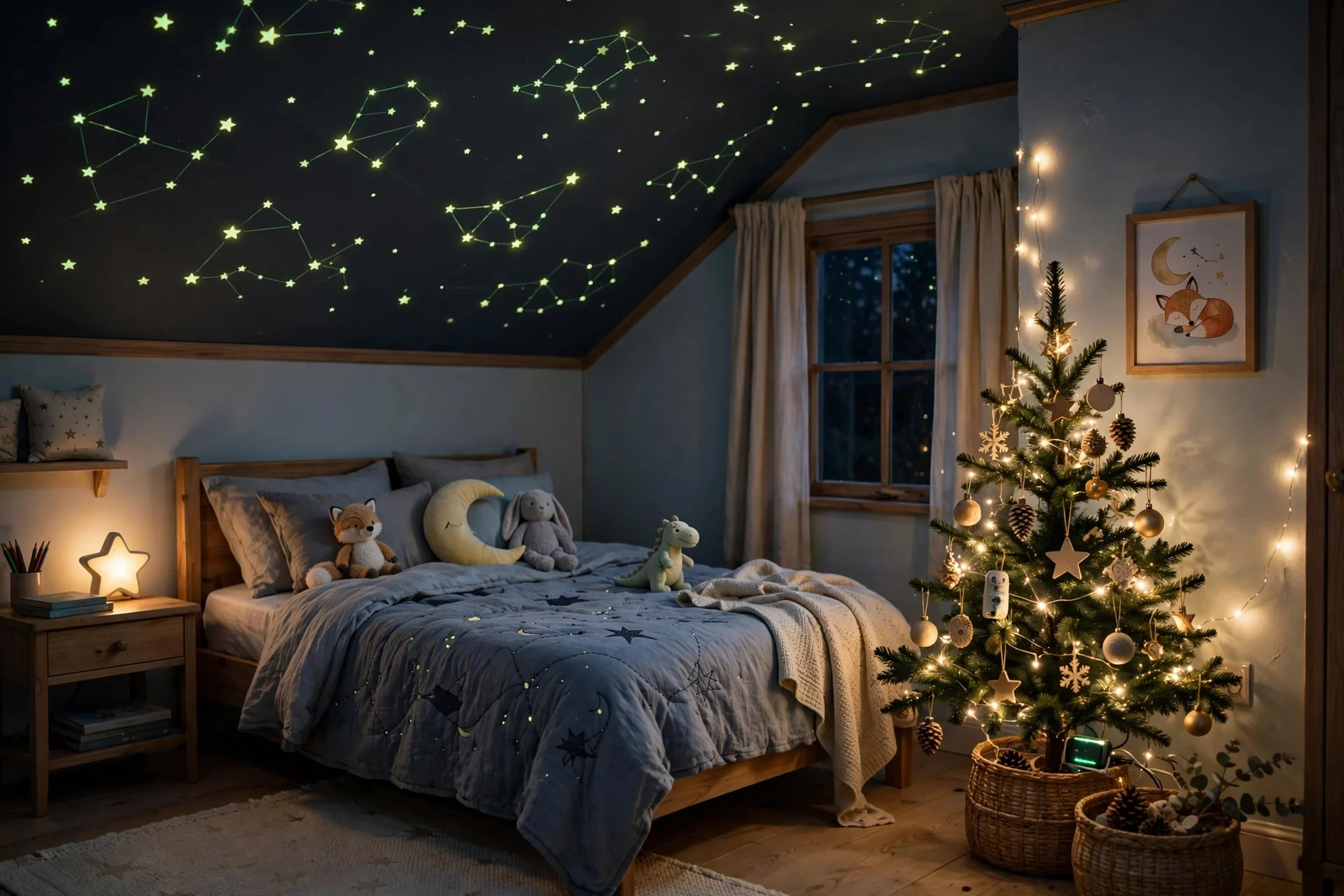 Children's bedroom ceiling with glow-in-the-dark stars and a small Christmas tree