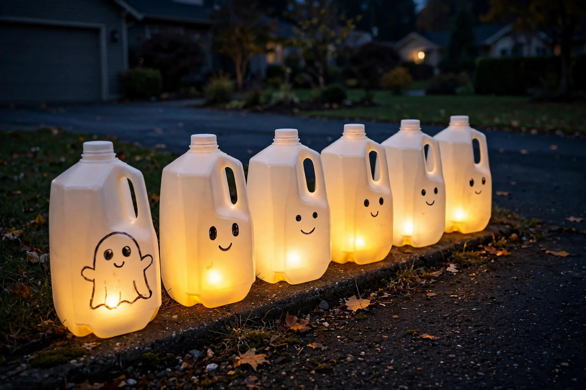 Plastic milk jugs with ghost faces drawn on them, glowing from LED tea lights inside, lining a driveway at night
