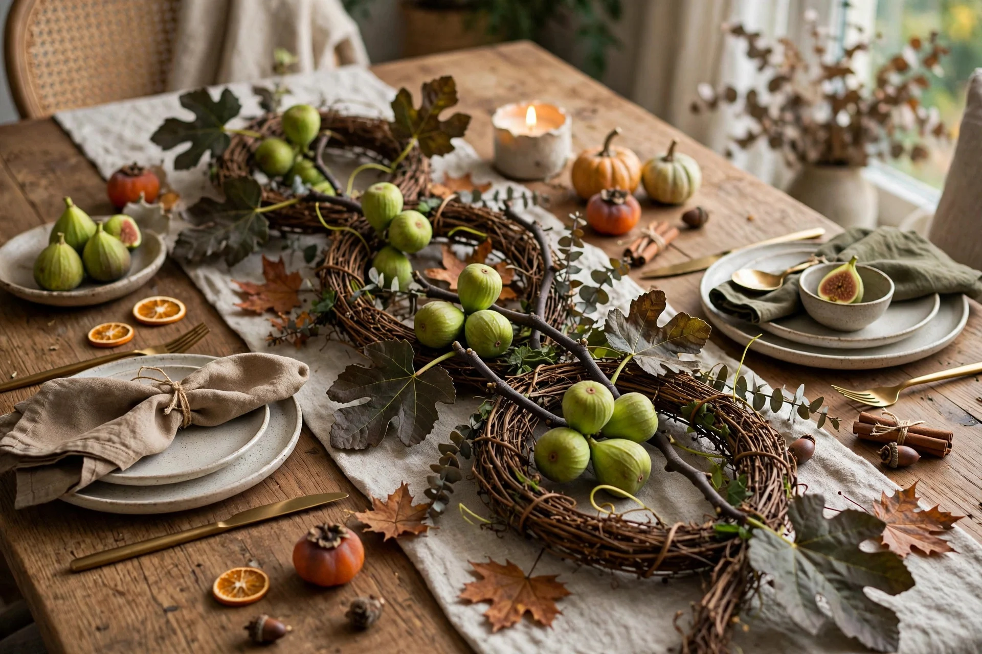 Fall table with a grapevine runner intertwined with dark fig branches and green figs down the center