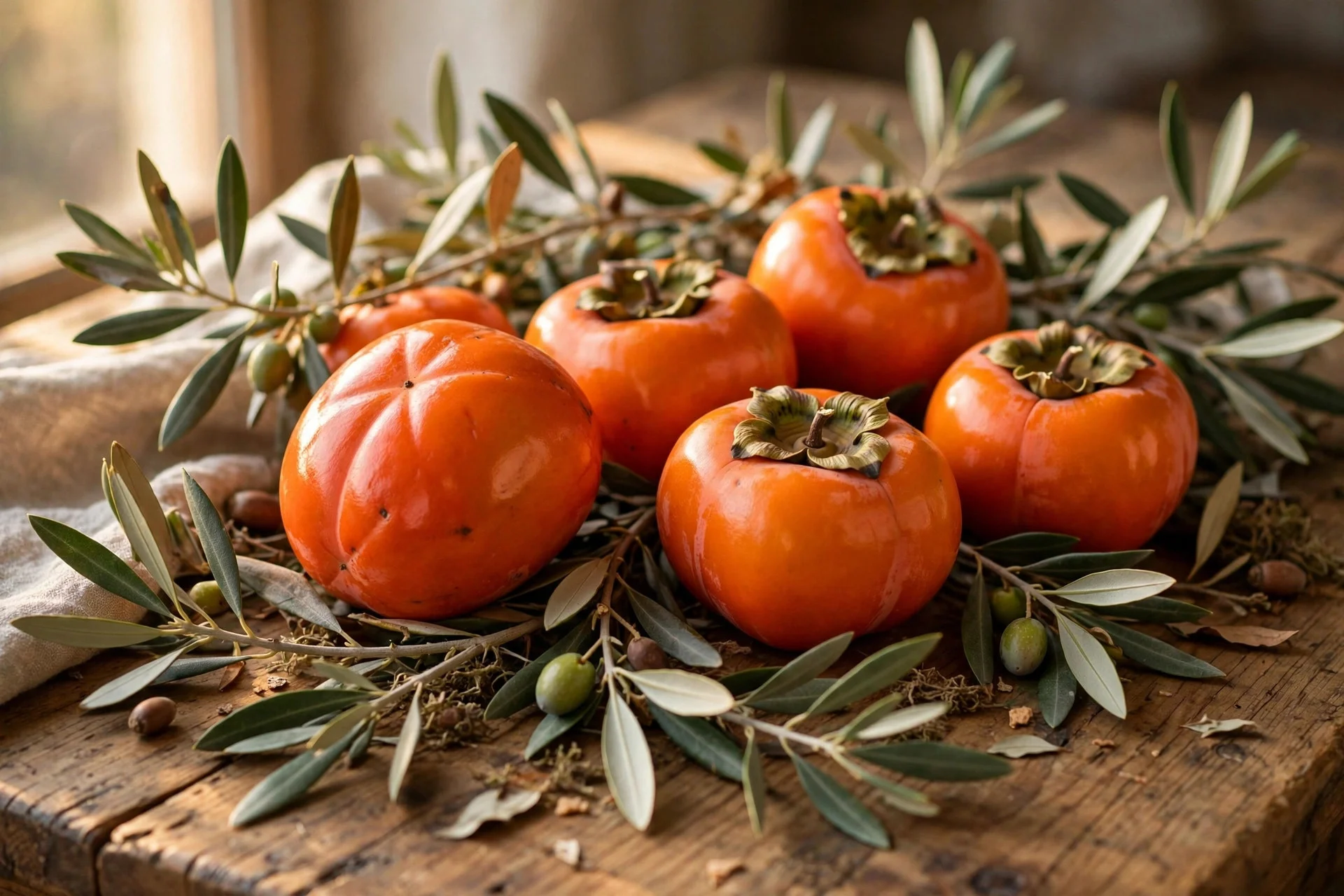 Orange Fuyu persimmons resting on olive branches as a Thanksgiving table centerpiece