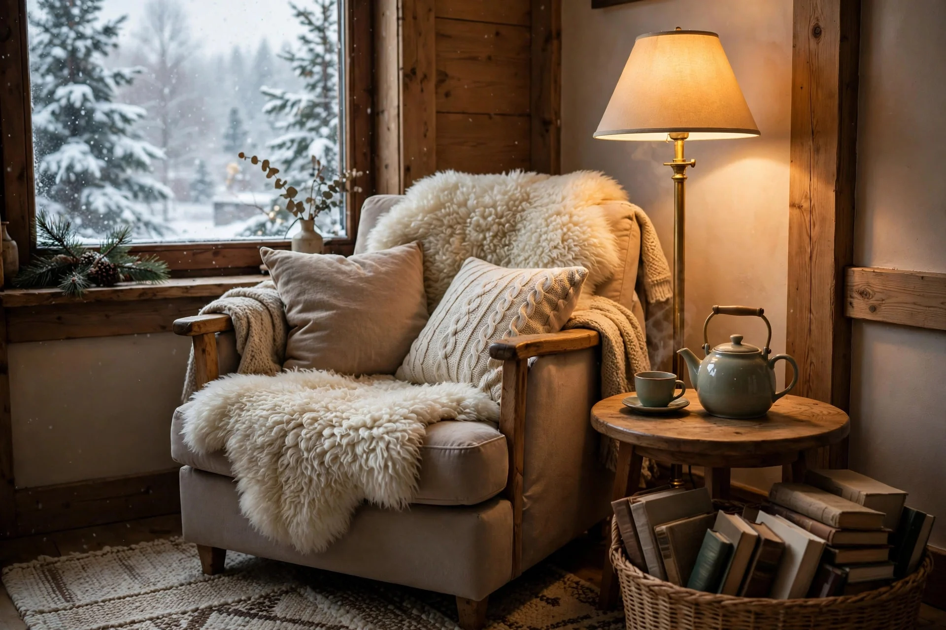 Corner reading nook with an armchair, floor lamp, throw and small bookshelf for winter