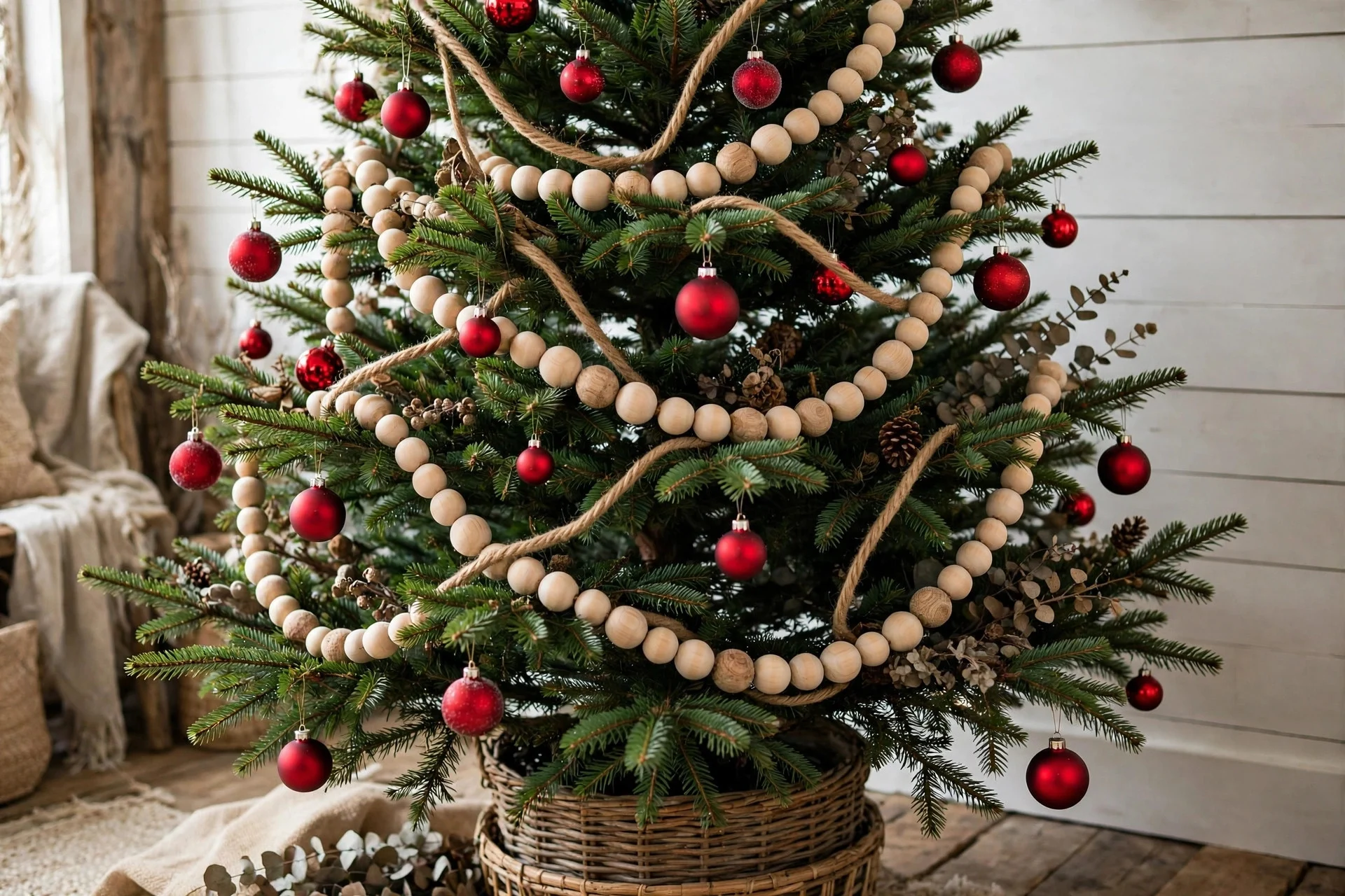 Natural wooden bead garland draped on a farmhouse Christmas tree