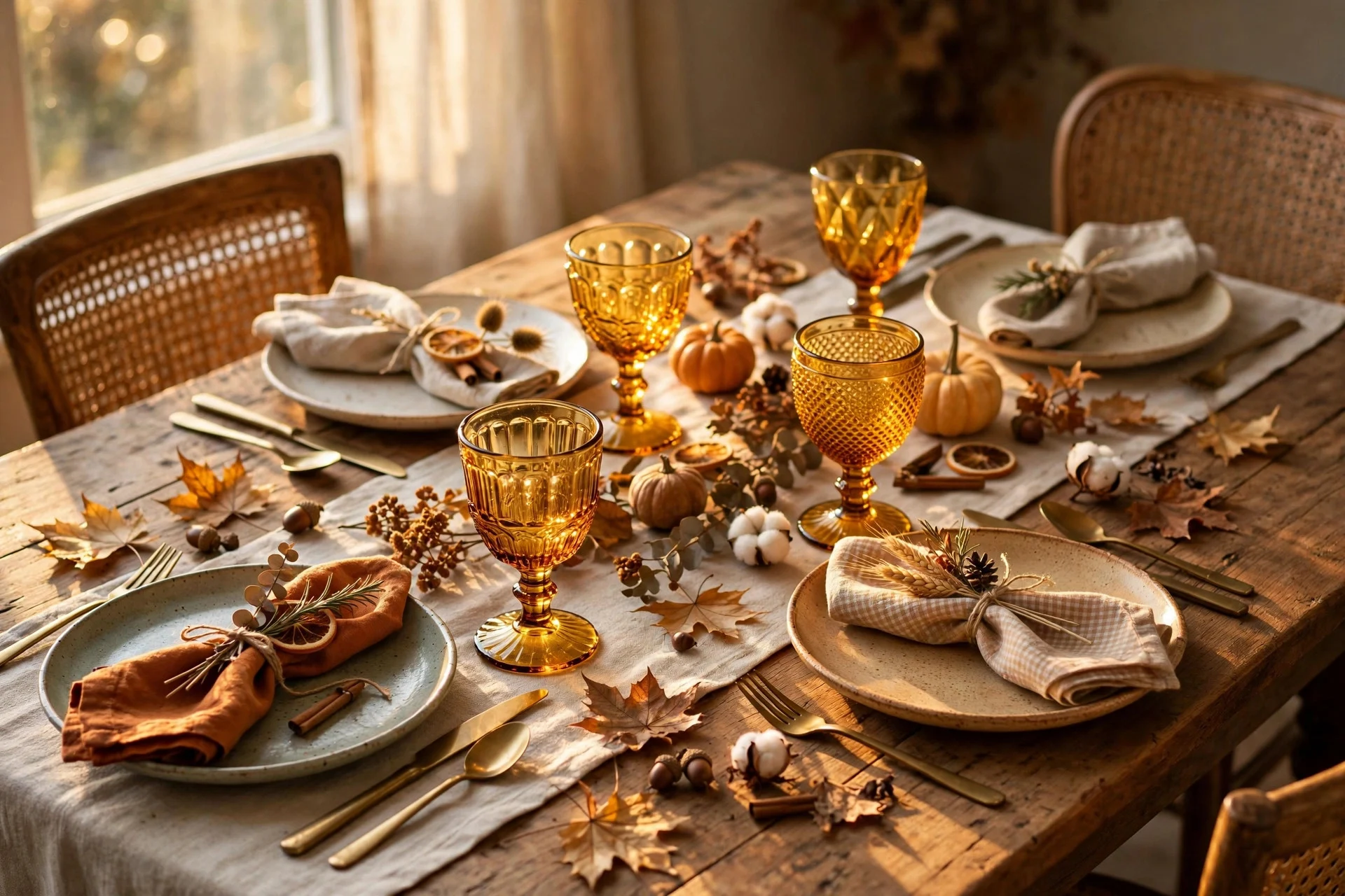 Fall place settings with mismatched vintage amber glass goblets catching the light at each seat