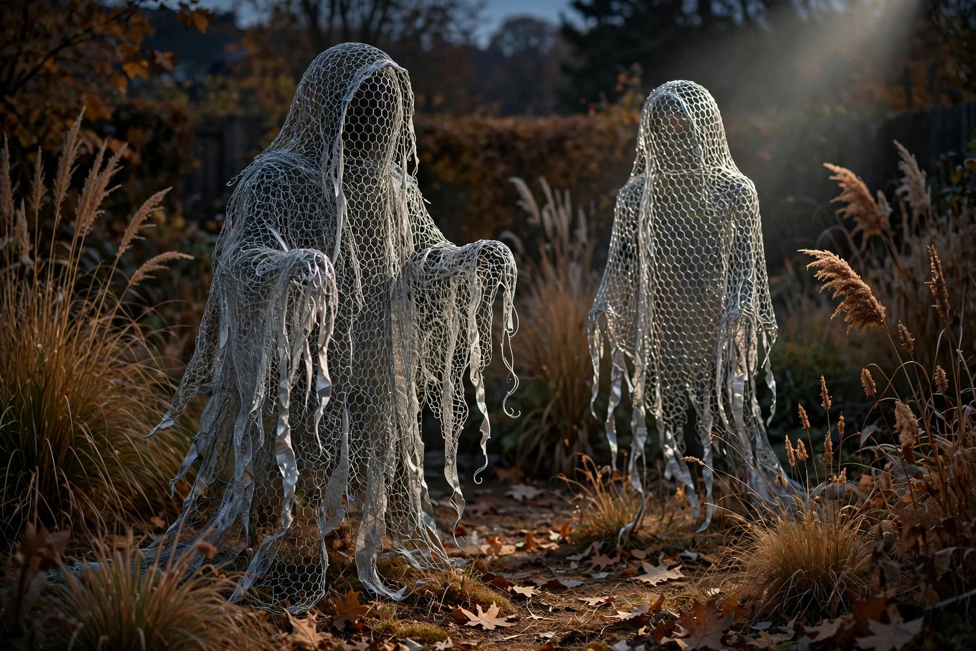 Life-size chicken wire ghost sculptures with flowing forms standing in a garden among autumn plants