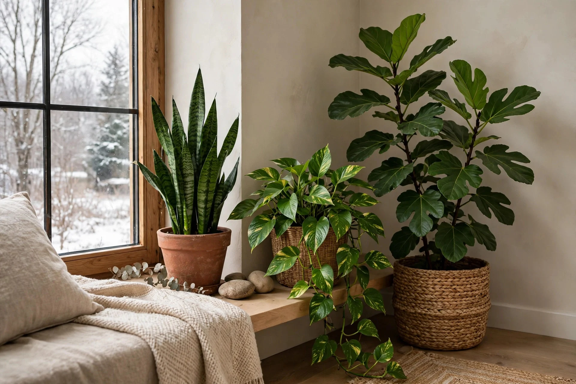 Houseplants in ceramic pots bringing living greenery to a winter living room