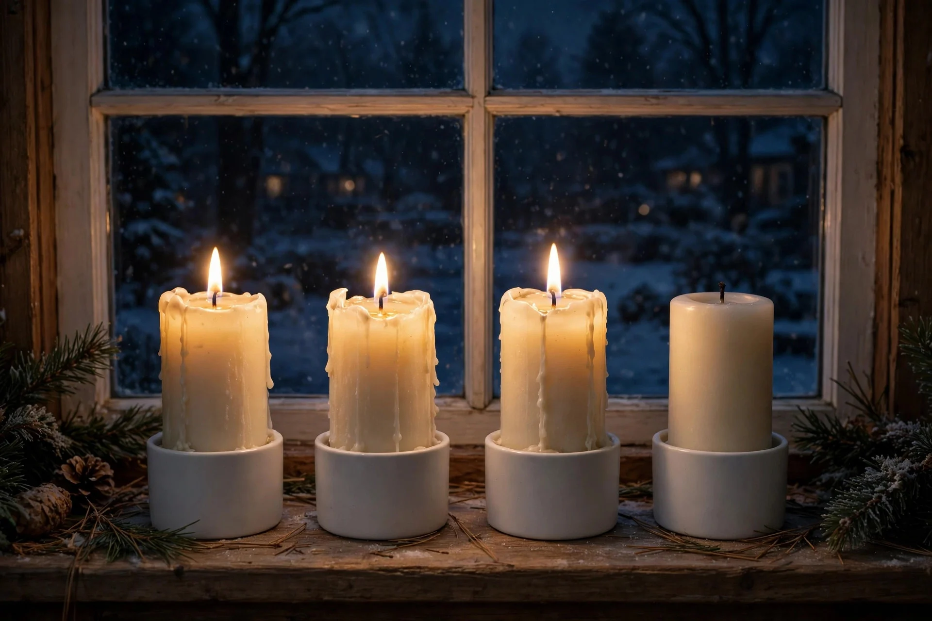 Set of ivory Advent candles in white holders glowing on a windowsill