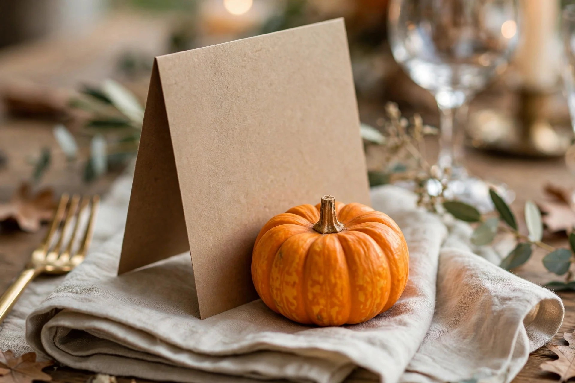 Thanksgiving place setting with handwritten kraft paper menu card