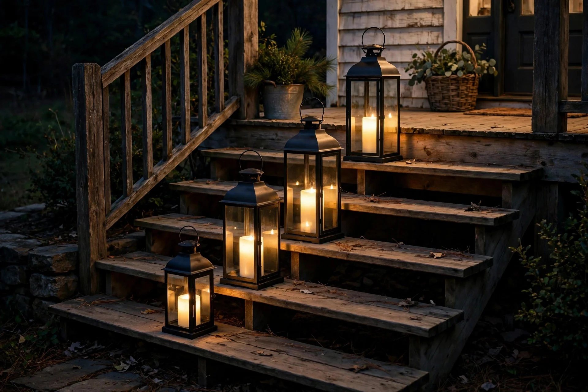 Black metal lanterns with glowing candles lining farmhouse porch steps at night