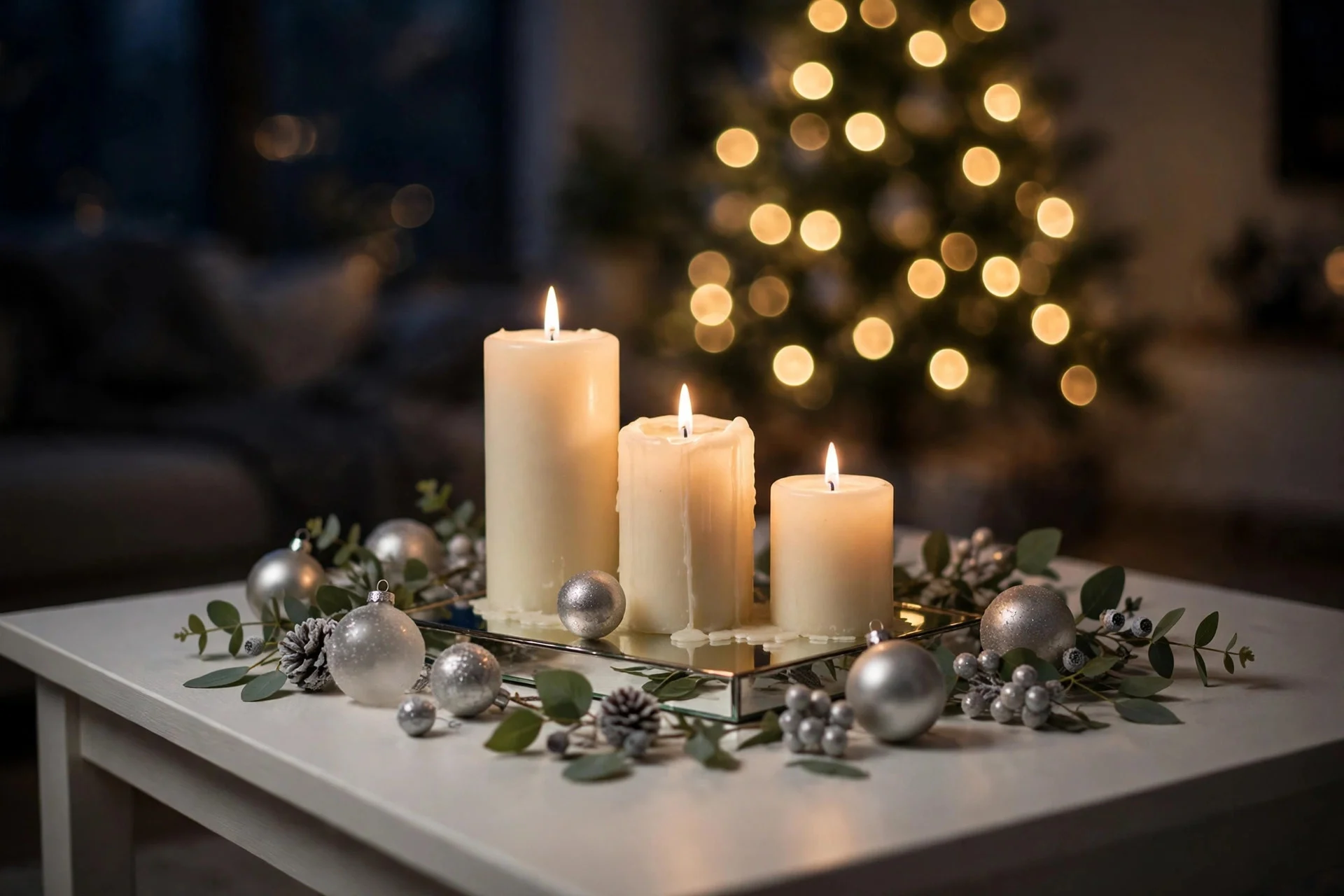 White coffee table styled with pillar candles, silver ornaments and eucalyptus at night