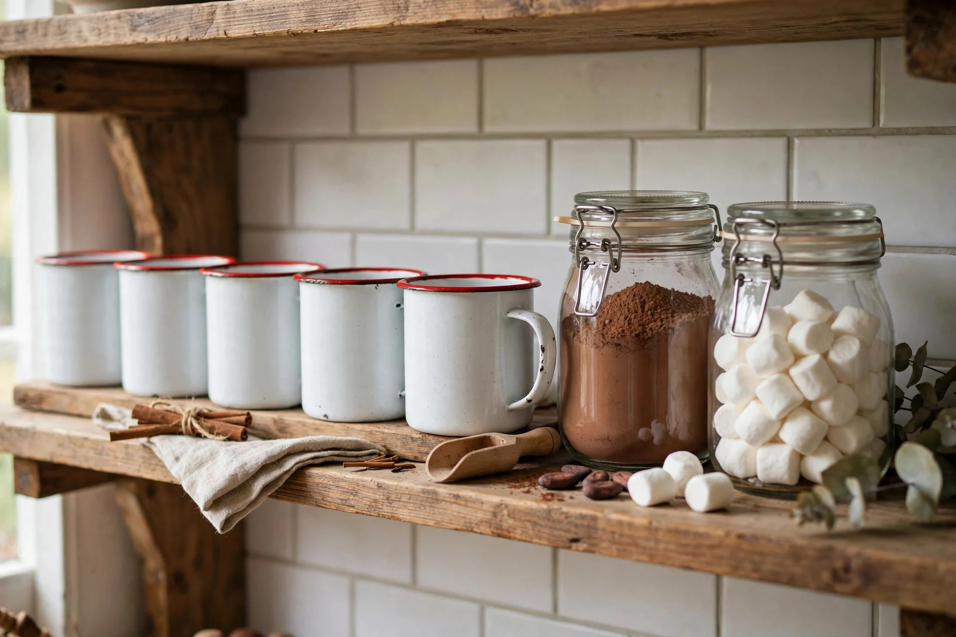 White enamel mugs with red rims arranged with cocoa jars on a farmhouse kitchen counter
