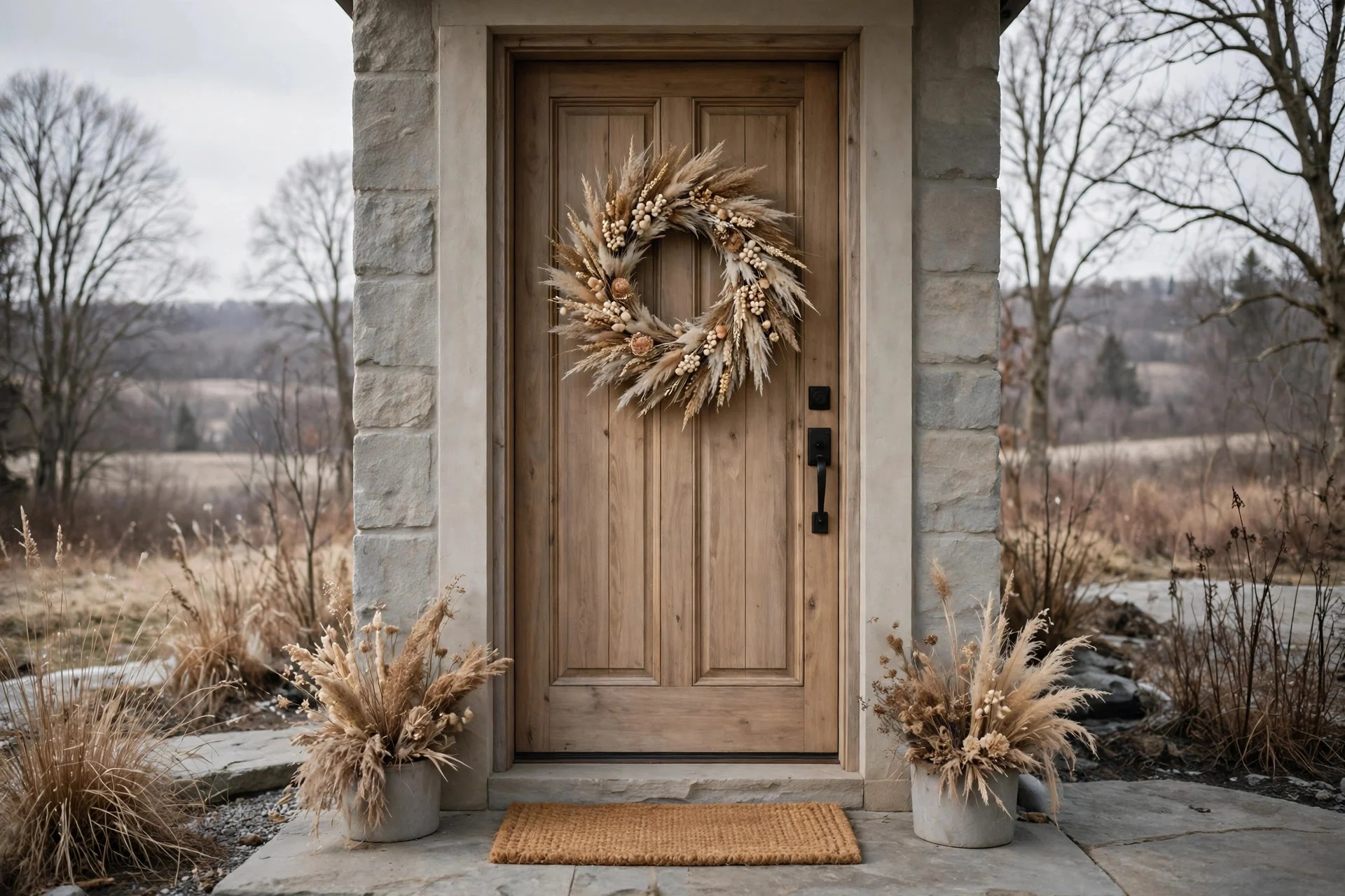 Neutral dried-grass and berry winter wreath on a front door, no Christmas colours