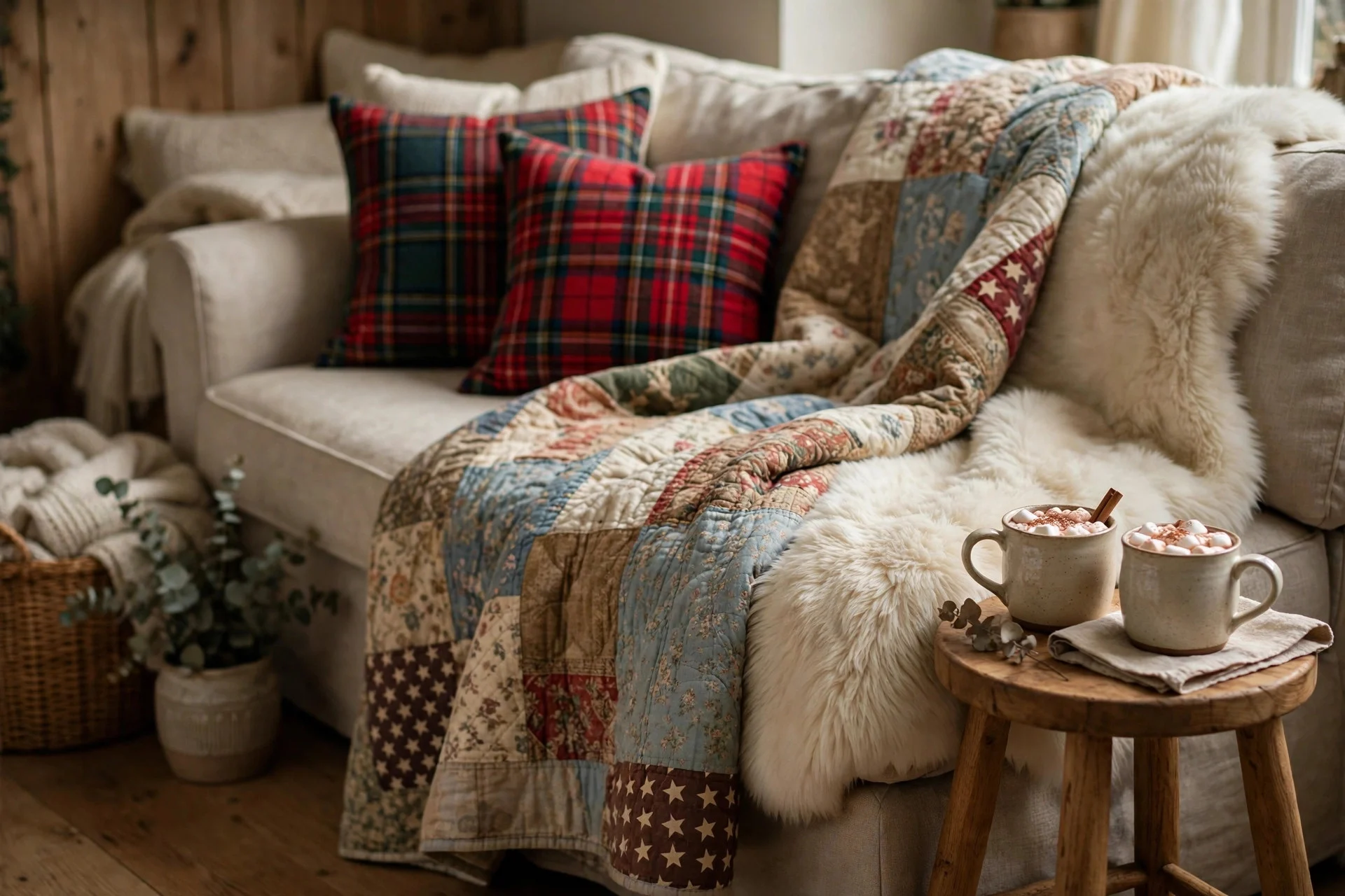 Sofa layered with a vintage patchwork quilt and cream faux fur throw with Christmas pillows
