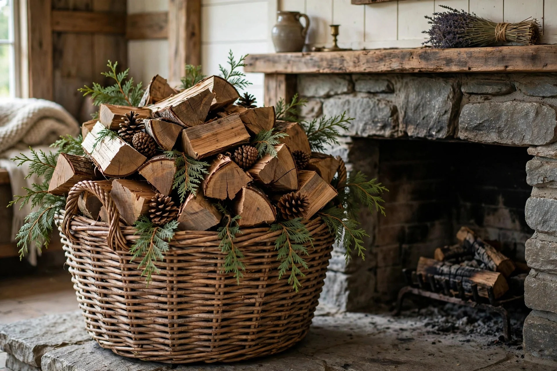 Woven basket filled with firewood and evergreen sprigs beside a farmhouse fireplace
