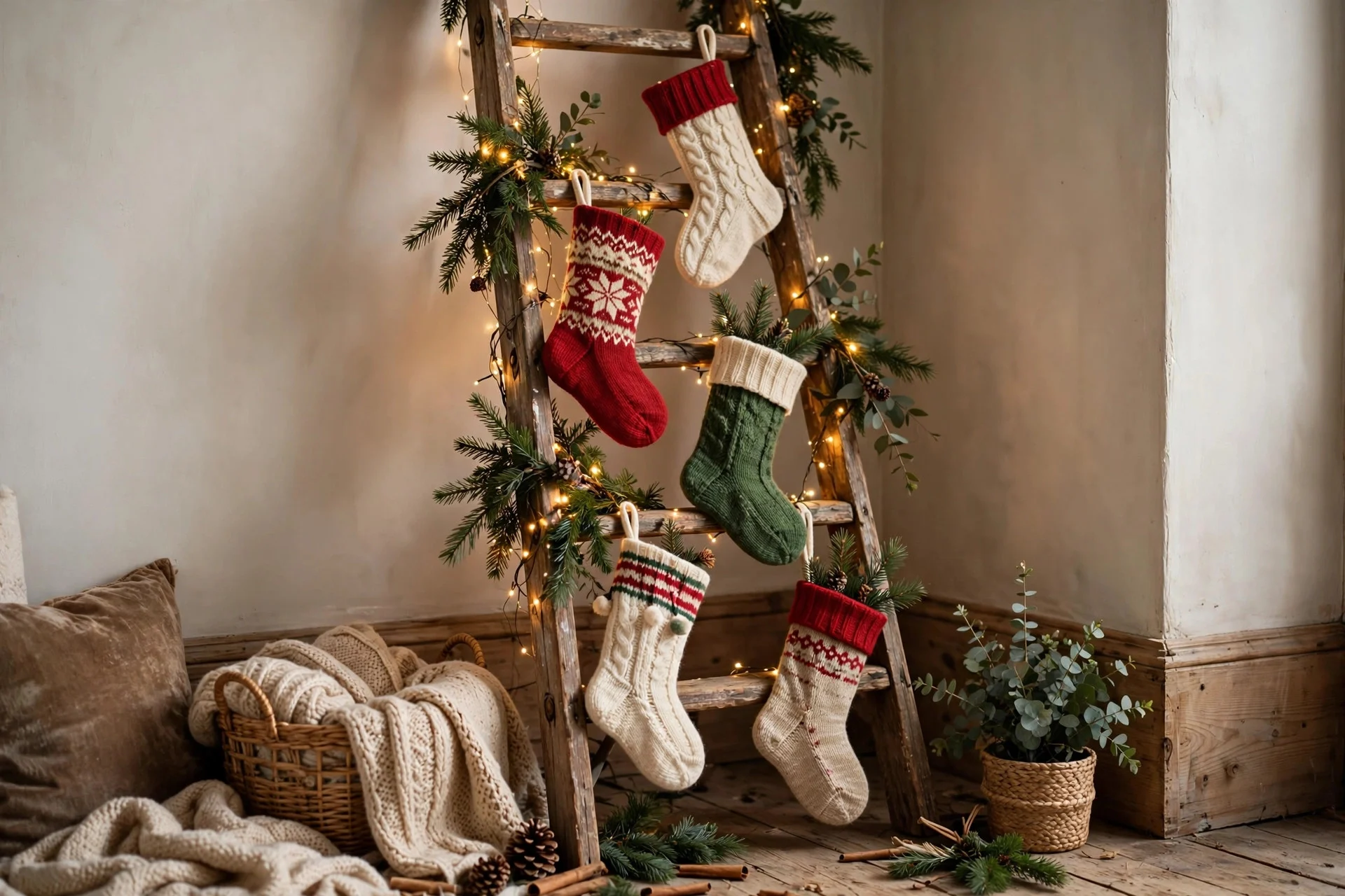Wooden ladder decorated as a stocking display with knit stockings and fairy lights