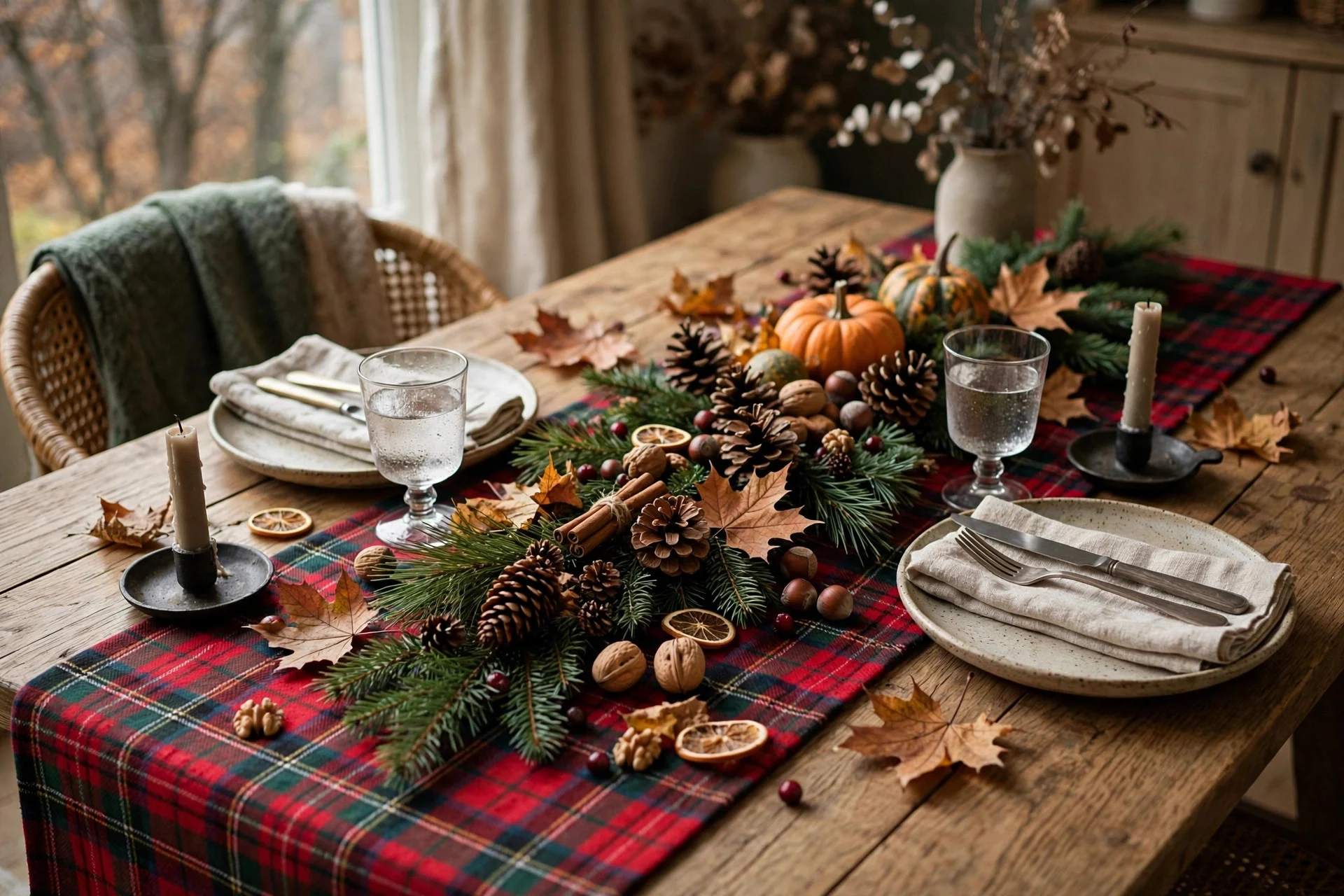 Late fall table with a tartan runner and fresh evergreen sprigs bridging autumn into early winter