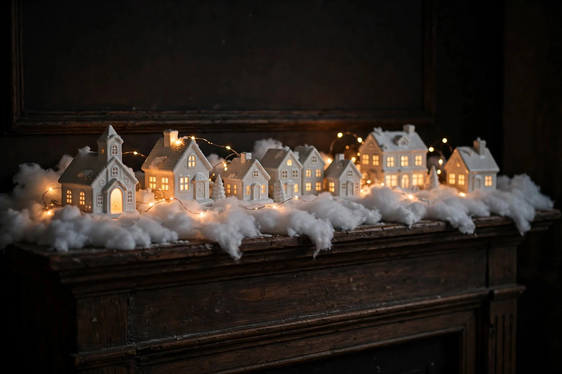 White ceramic Christmas village glowing on a mantel with cotton snow and fairy lights
