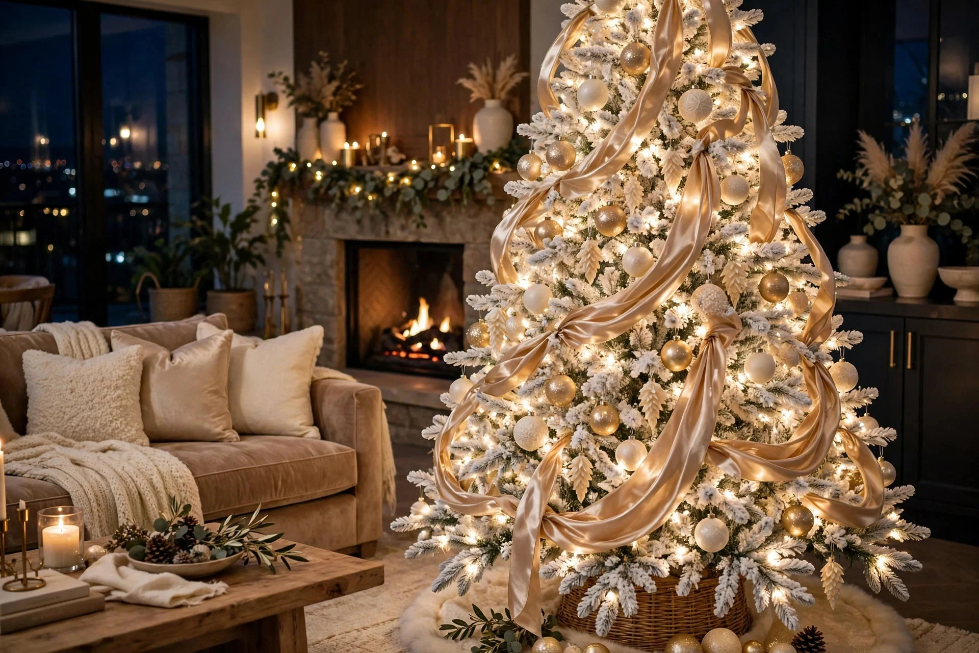White Christmas tree with champagne-gold ornaments and ribbon glowing warmly at night