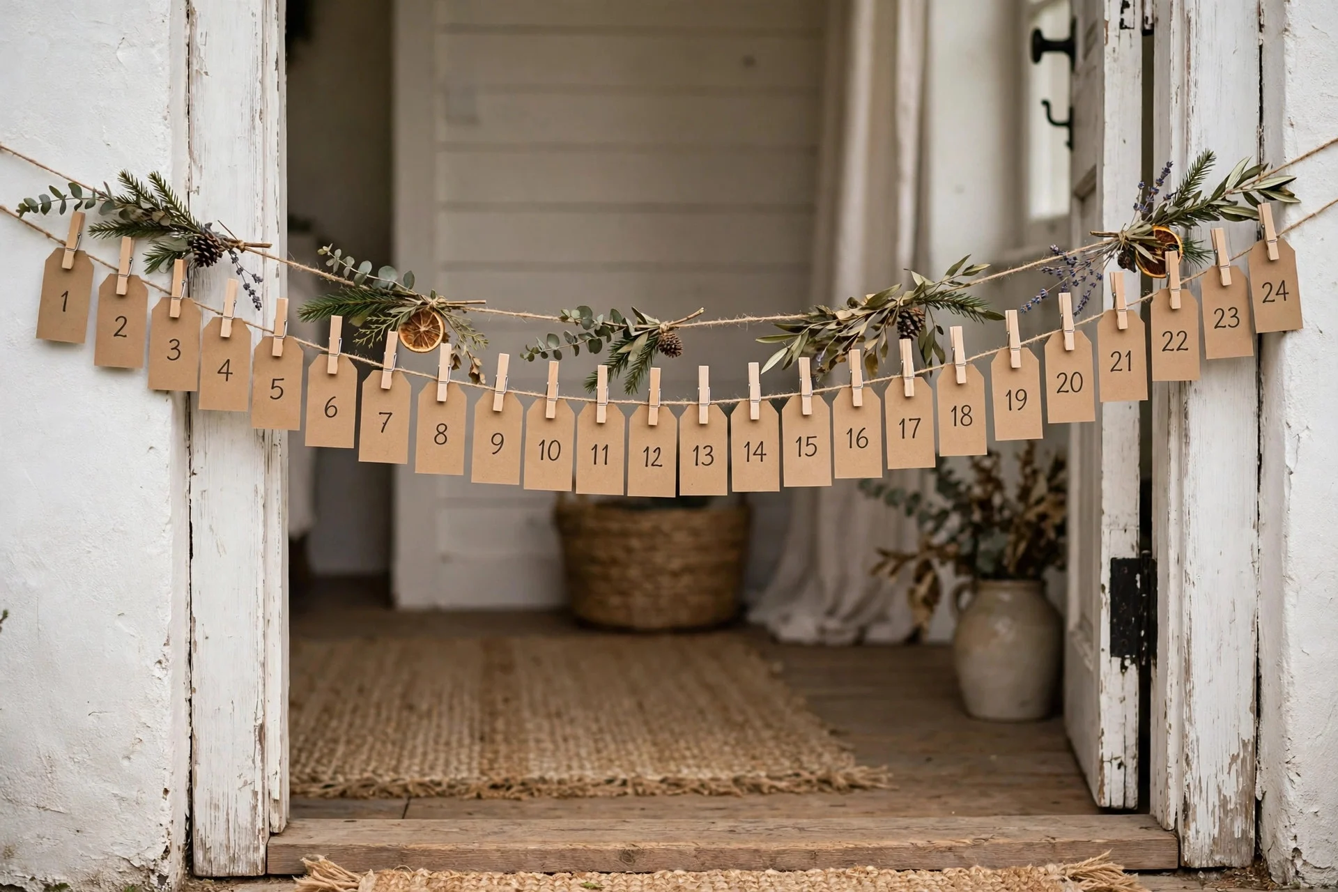 Advent garland with numbered kraft tags clipped on twine with wooden clothespins