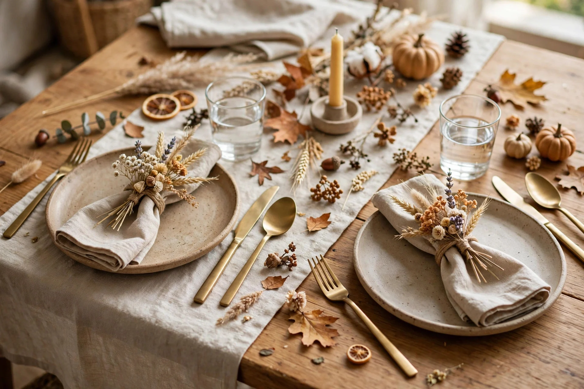 Fall place settings with napkin rings made of small dried flowers and grasses on a simple linen runner
