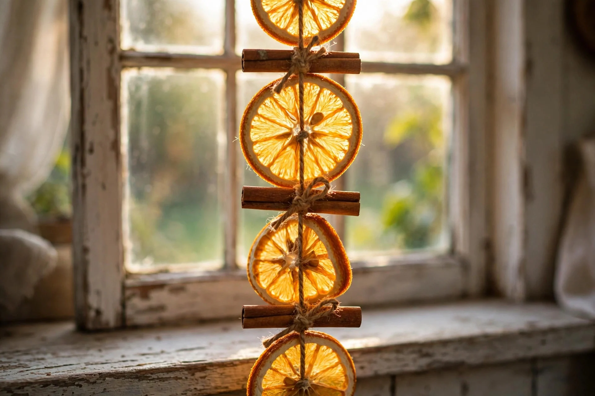 Garland of dried orange slices and cinnamon sticks on twine in a farmhouse kitchen