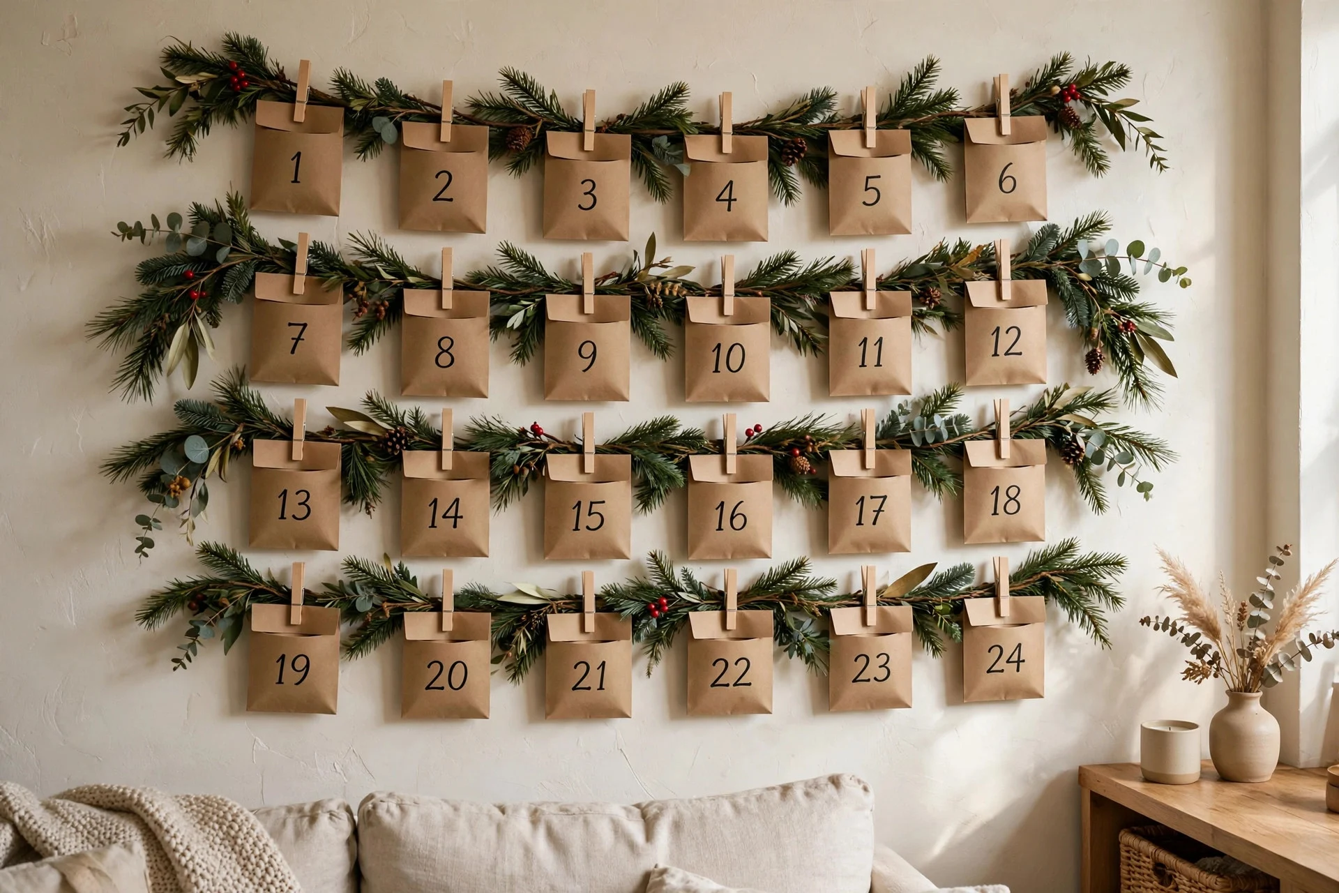 Advent calendar wall display with numbered kraft paper pockets and pine garland