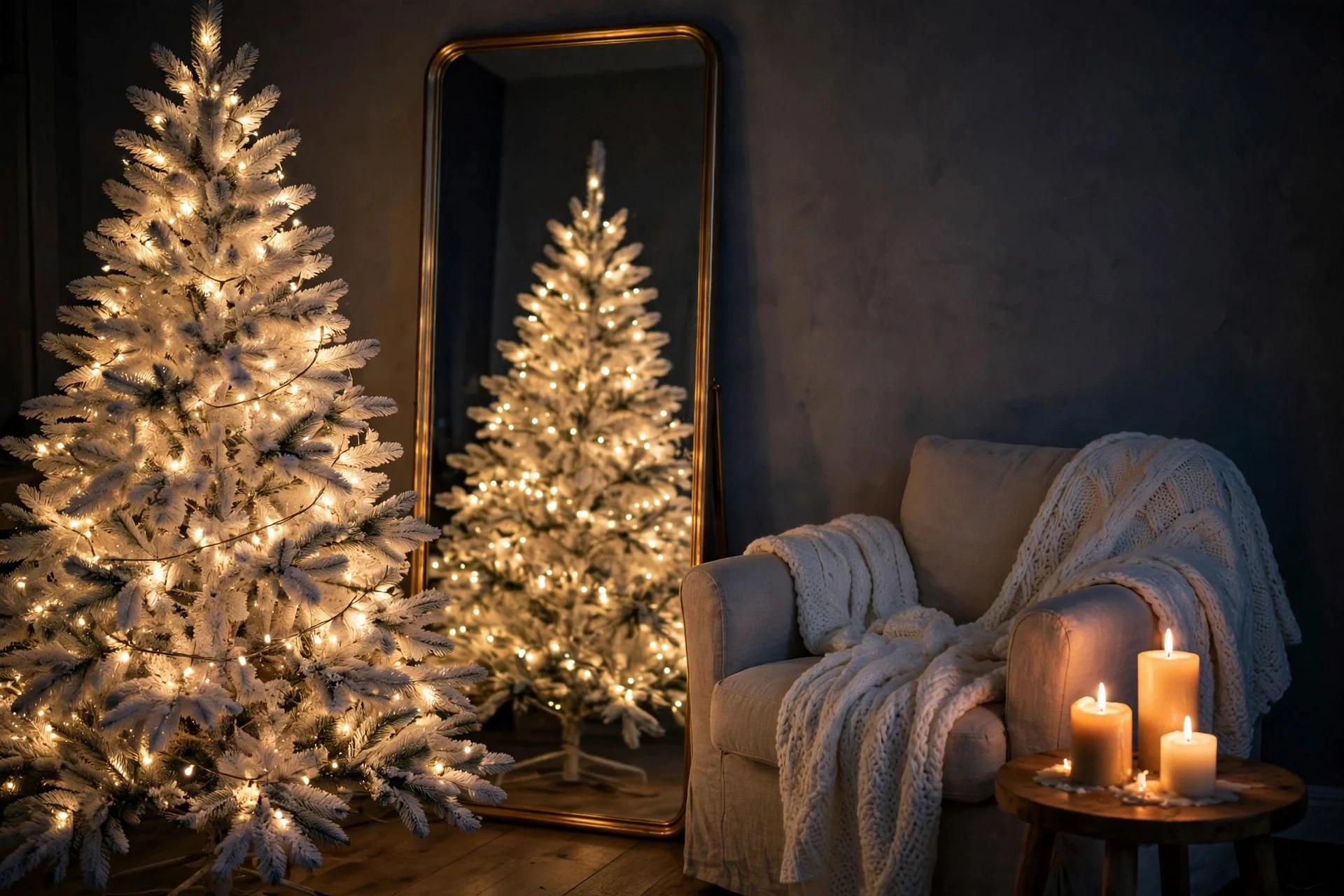 Cozy white Christmas corner with tree, candles and mirror glowing at night for photos
