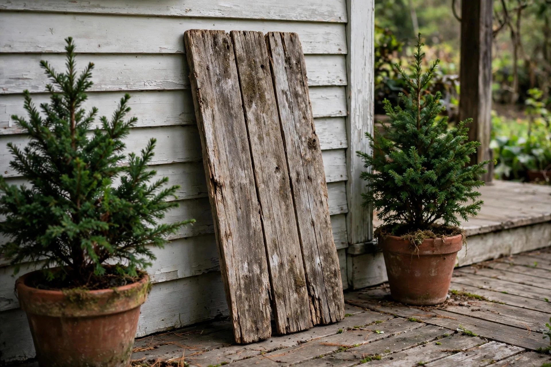 Weathered wooden Merry Christmas sign leaning on a farmhouse porch beside greenery
